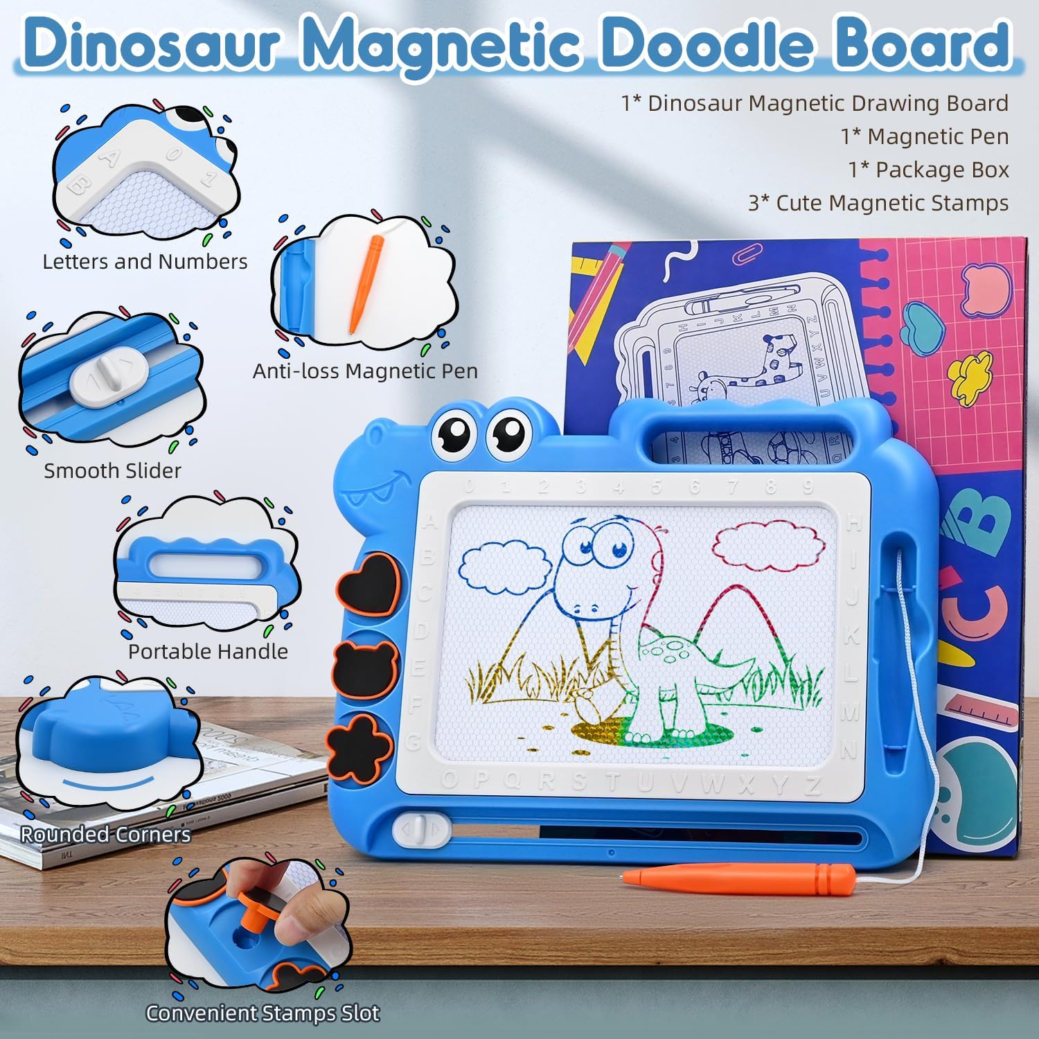 Detalle 2 de AiTuiTui Dinosaurier Maltafel Zaubertafel – Magnetische Zeichentafel für Kinder von 3–7 Jahren (Blau)
