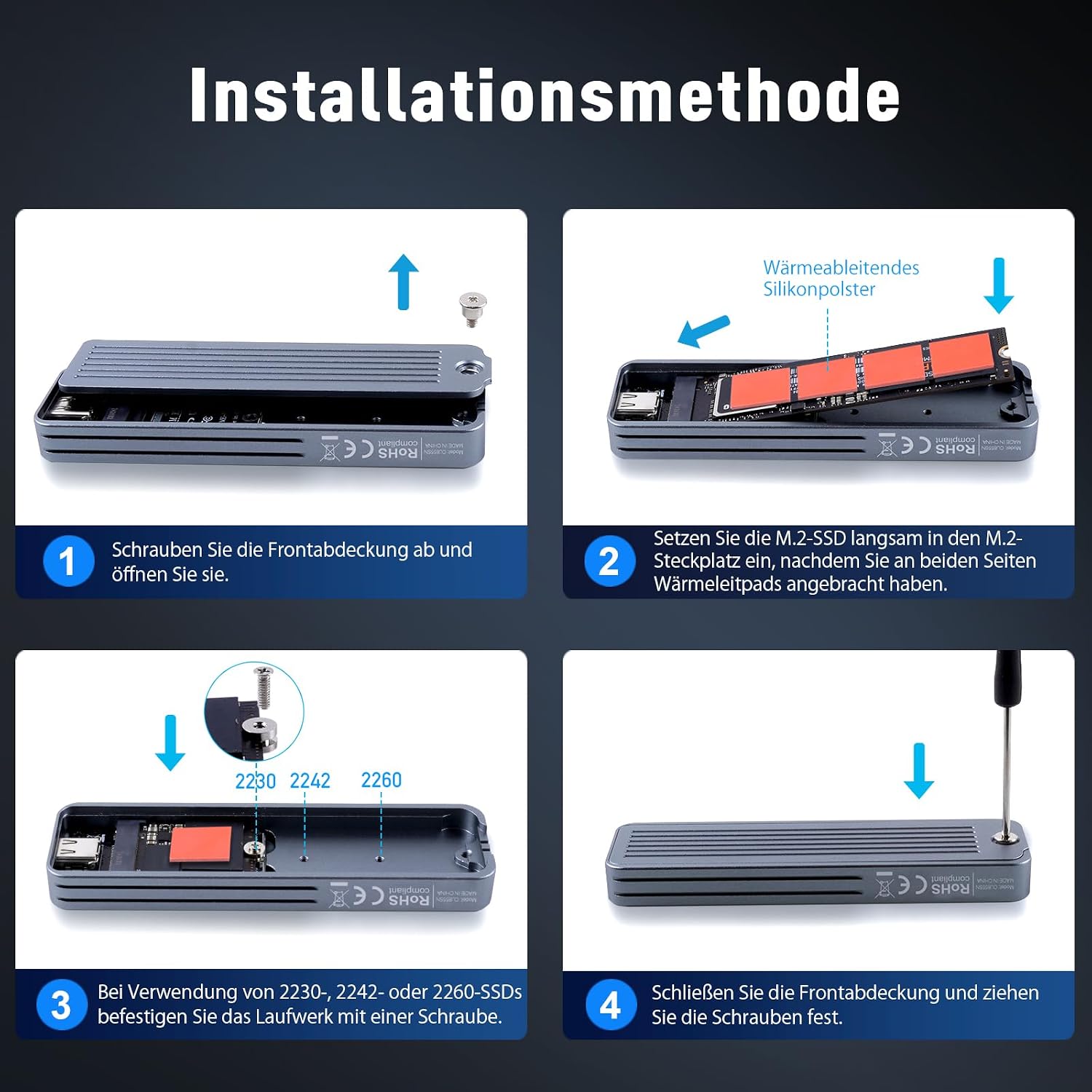 Detalle de VCOM M.2 NVMe/SATA SSD Gehäuse – 10 Gbps USB-C Adapter mit Kühlkissen, Aluminium, M-Key/M+B-Key, 2230–2280