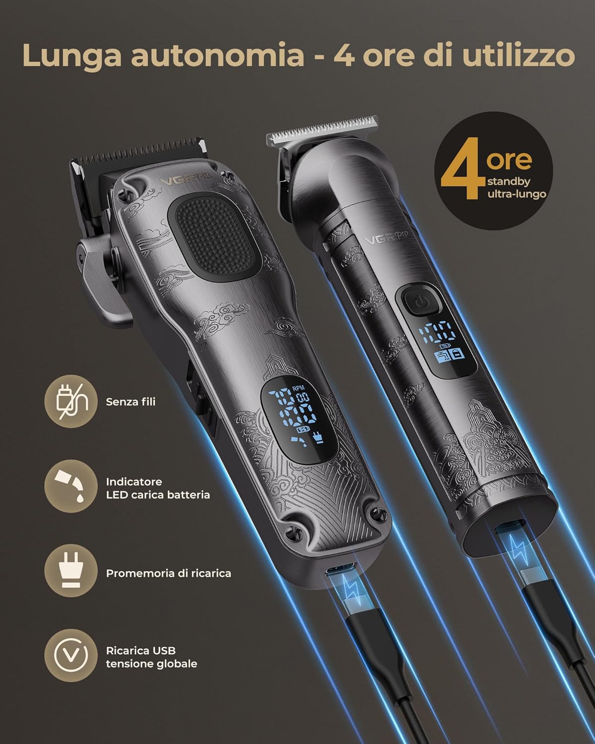 Thumbnail 4 de VGRPRO Tagliacapelli uomo professionale senza fili con trimmer 4-in-1 e 9 pettini guida (set completo, grigio)