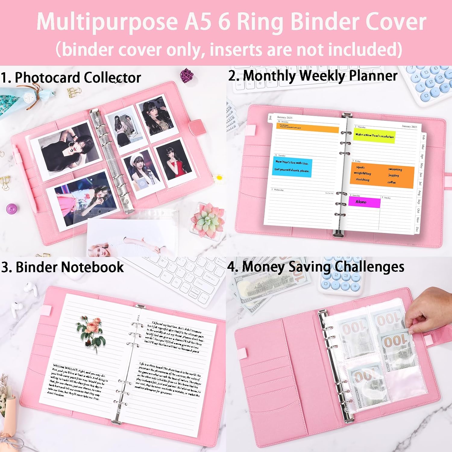 Detalle de Antner ANTNer-RINGBINDER-A5 A5 6-Ring Planner Binder, Glitter Pink PU Leather