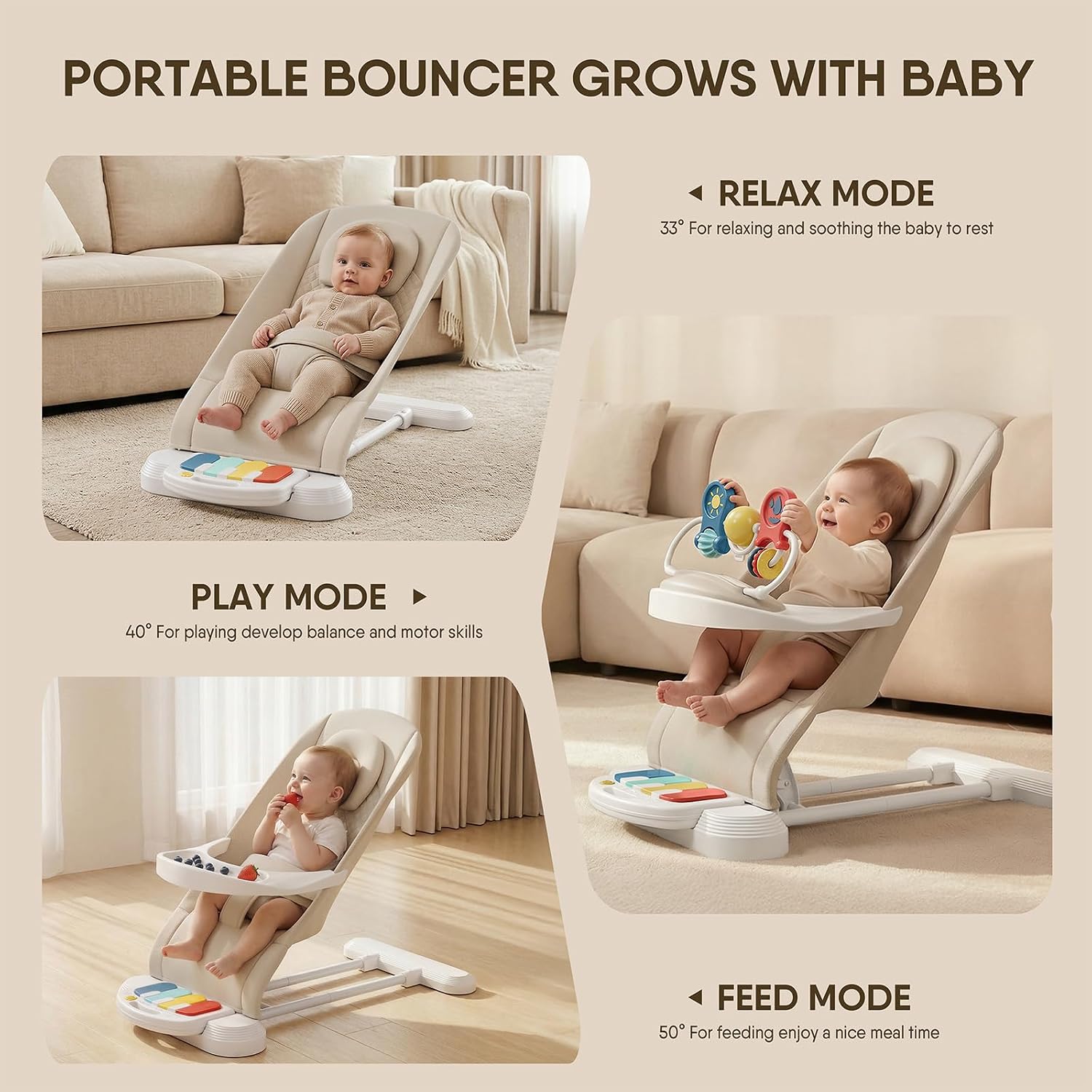 Detalle de Monamii Baby Bouncer with 3 Adjustable Positions, Feeding Tray and Piano