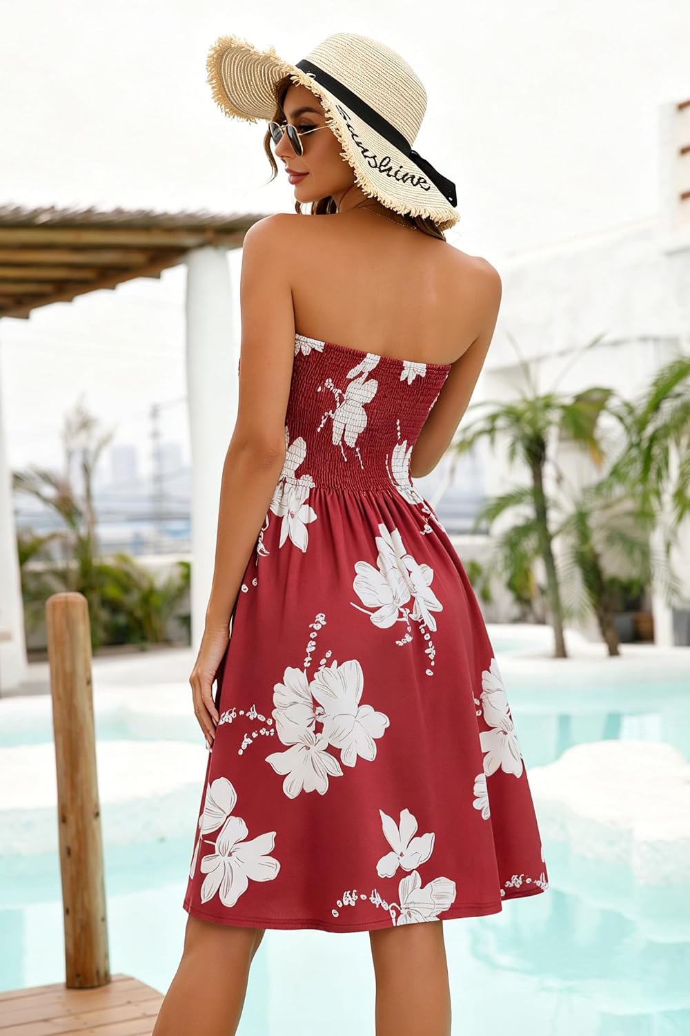 Detalle de CHICGAL Summer Dresses for Women Beach Cover Ups Strapless Boho Floral Print Sundress