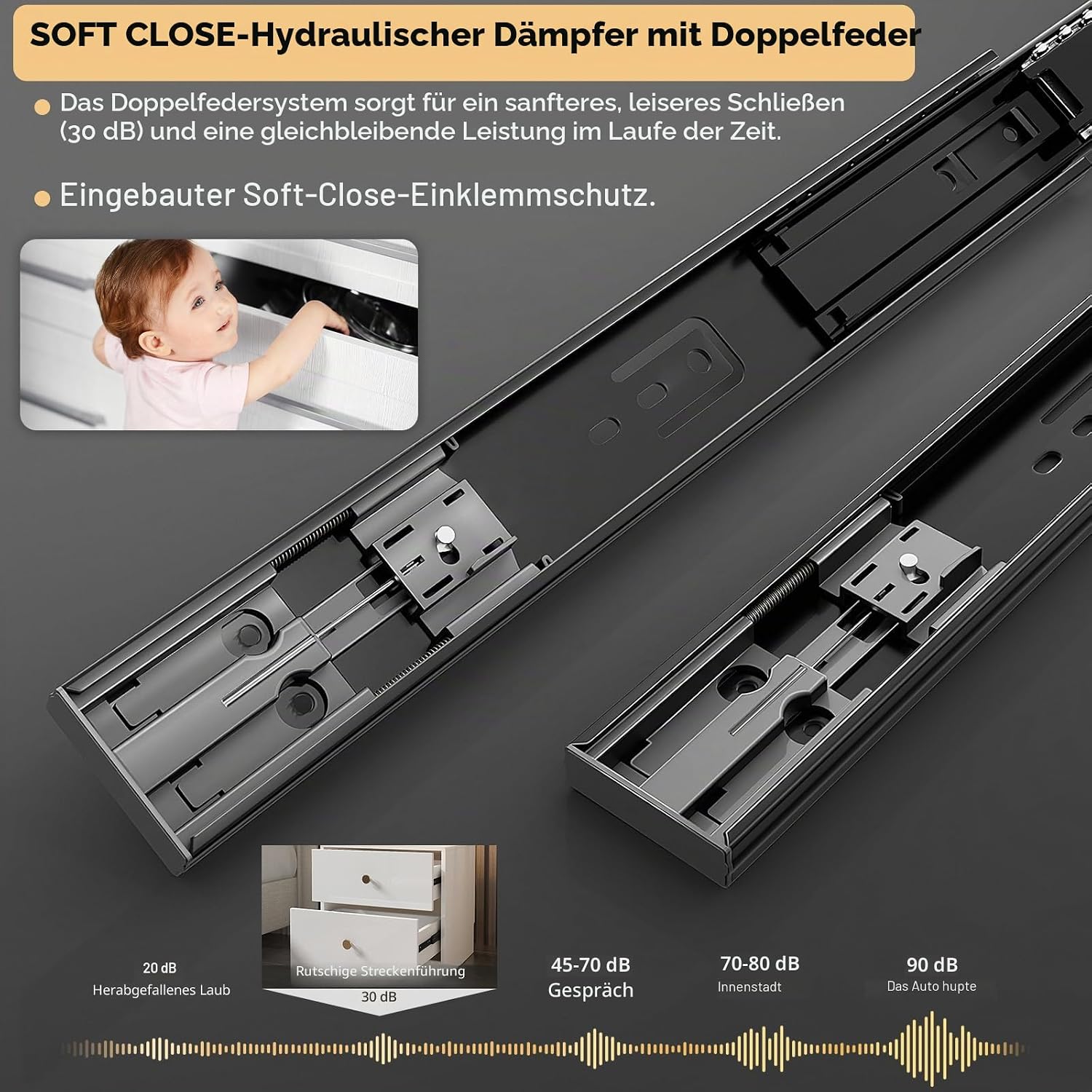 Thumbnail 2 de AOLISHENG Schubladenschienen 450 mm Vollauszug mit Soft-Close – 5 Paar, 45 kg Tragkraft, für Küchenschubladen