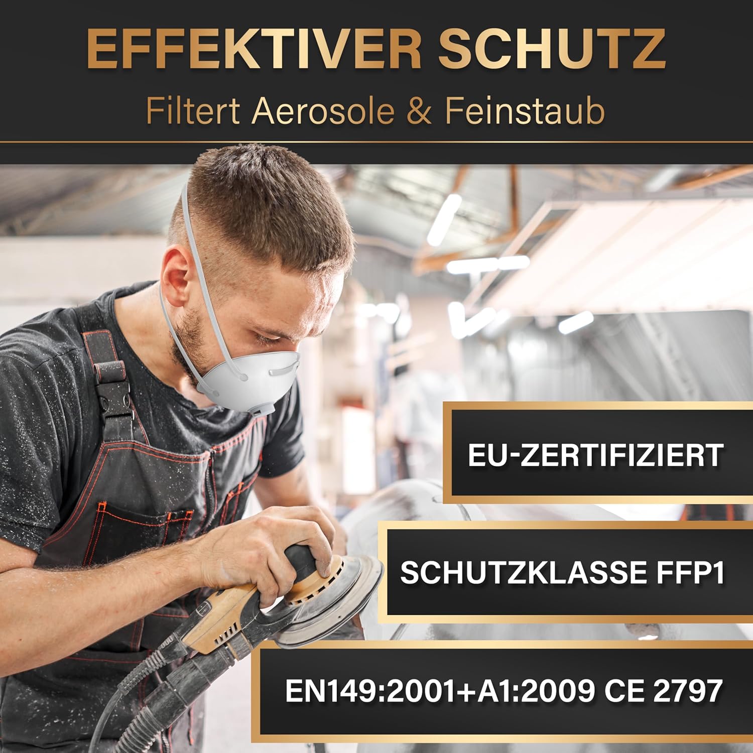Detalle 2 de HELDENWERK Atemschutzmaske mit FFP1-Schutz im Set (5er/10er/20er) – Staubschutz für Schleif-, Bohr- und Sägearbeiten