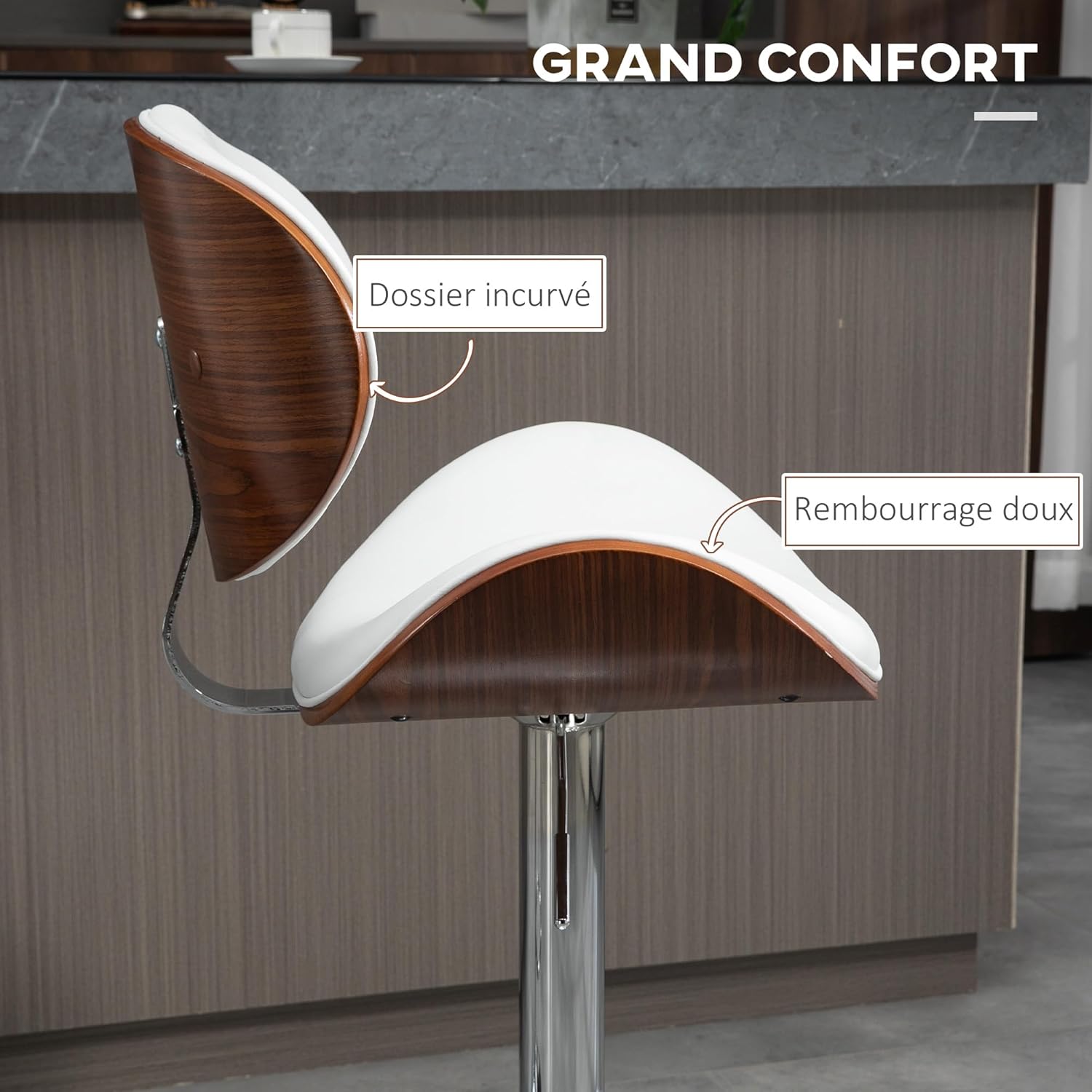 Thumbnail 5 de HOMCOM Lot de 2 tabourets de Bar Chaise de Cuisine avec Dossier – régle bassement et pivotants, blanc