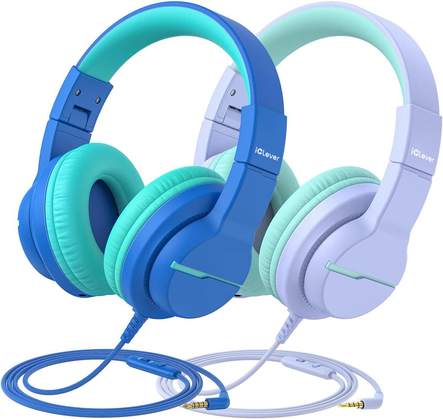 Detalle de iClever Kids Headphones for School or Travel (2 Pack) – Safe 85dB Volume, 40mm Drivers, Foldable Wired Headphones with Mic