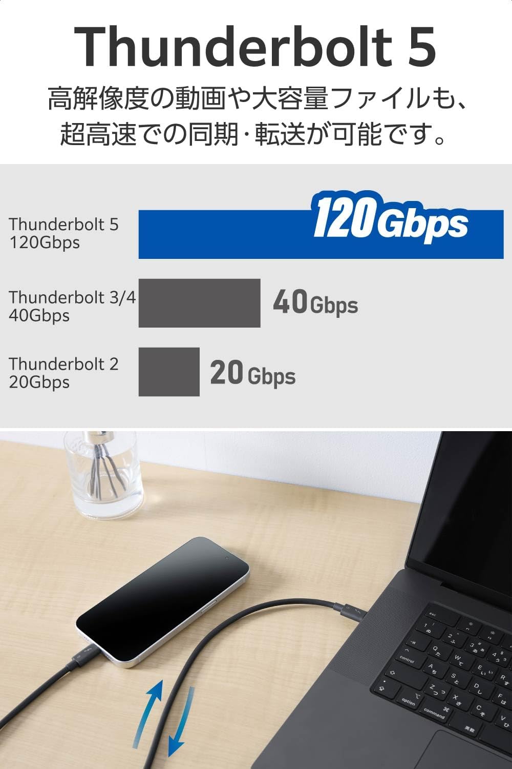 Thumbnail 2 de エレコム TBT5-10BK Thunderbolt 5ケーブル 1m・最大240W／120Gbps・8K/60Hz対応