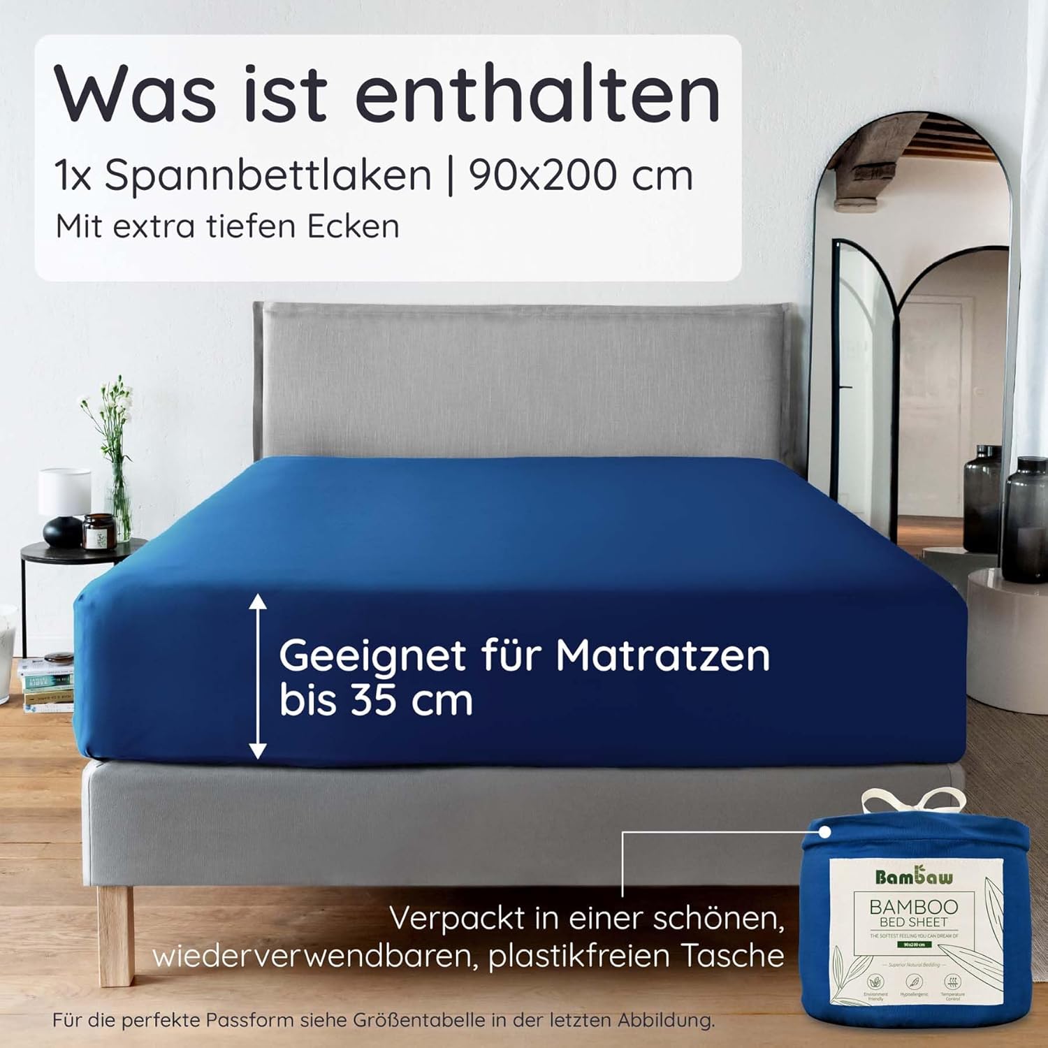 Thumbnail 1 de Bambaw Bambus-Spannbettlaken 90x200 cm, 35 cm Steghöhe, marineblau (OEKO-TEX, antibakteriell)