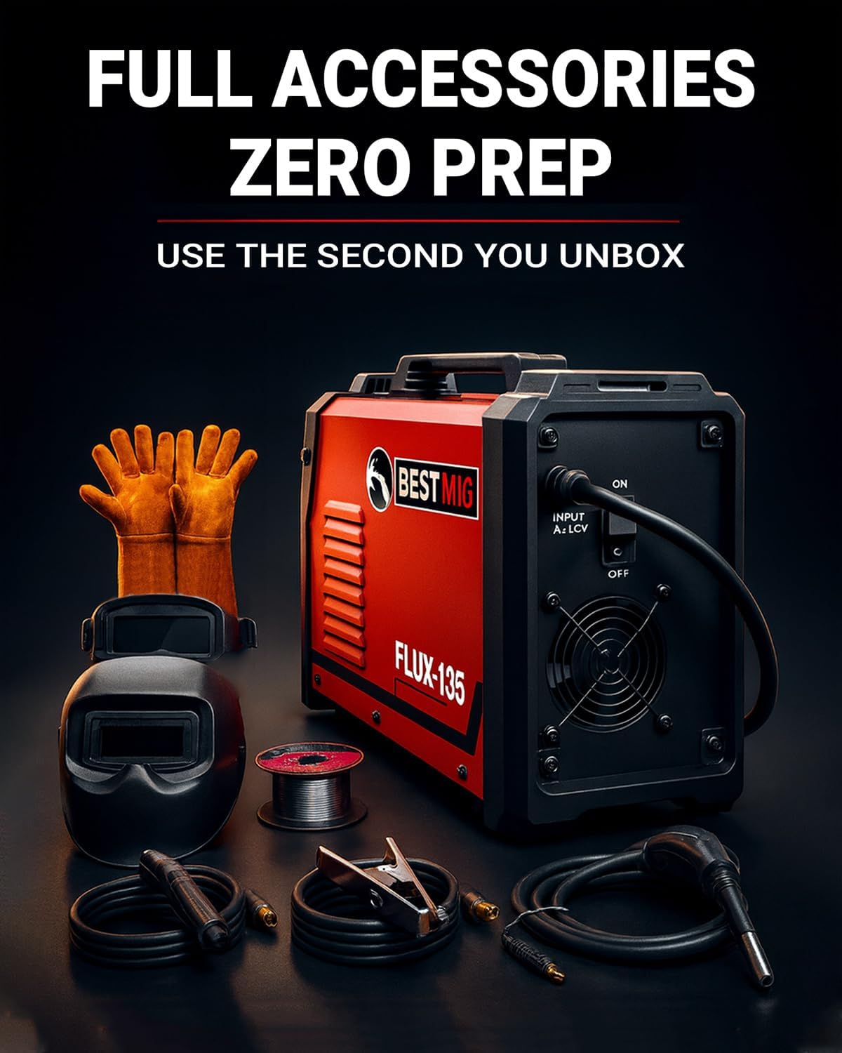 Thumbnail 5 de BESTMIG 135A MIG Welder (3-in-1 Flux Core, Lift TIG, Stick) — 110V Portable IGBT Inverter w/ Helmet & Gloves