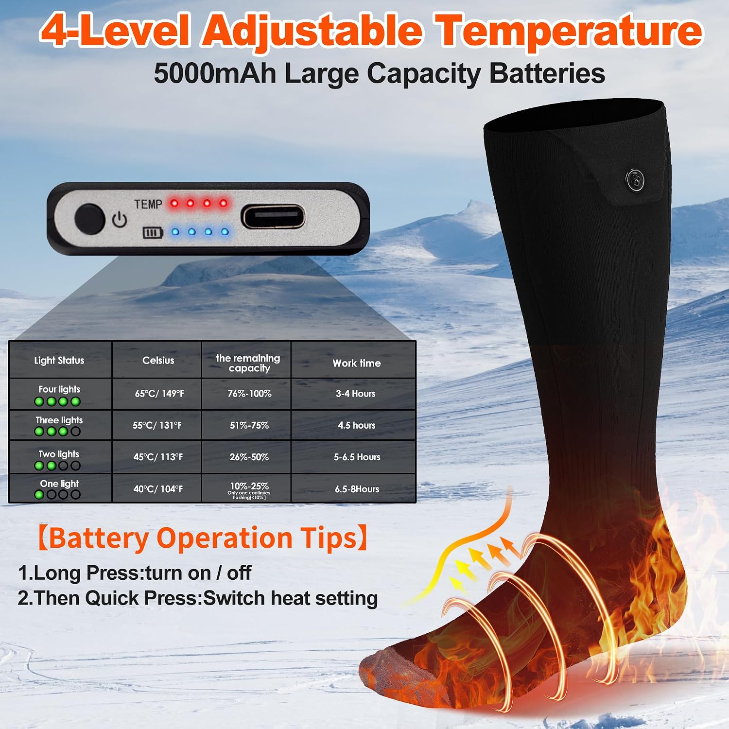 Detalle de Hlaohswer Heated Socks, Rechargeable Nylon Socks with Four Heat Settings