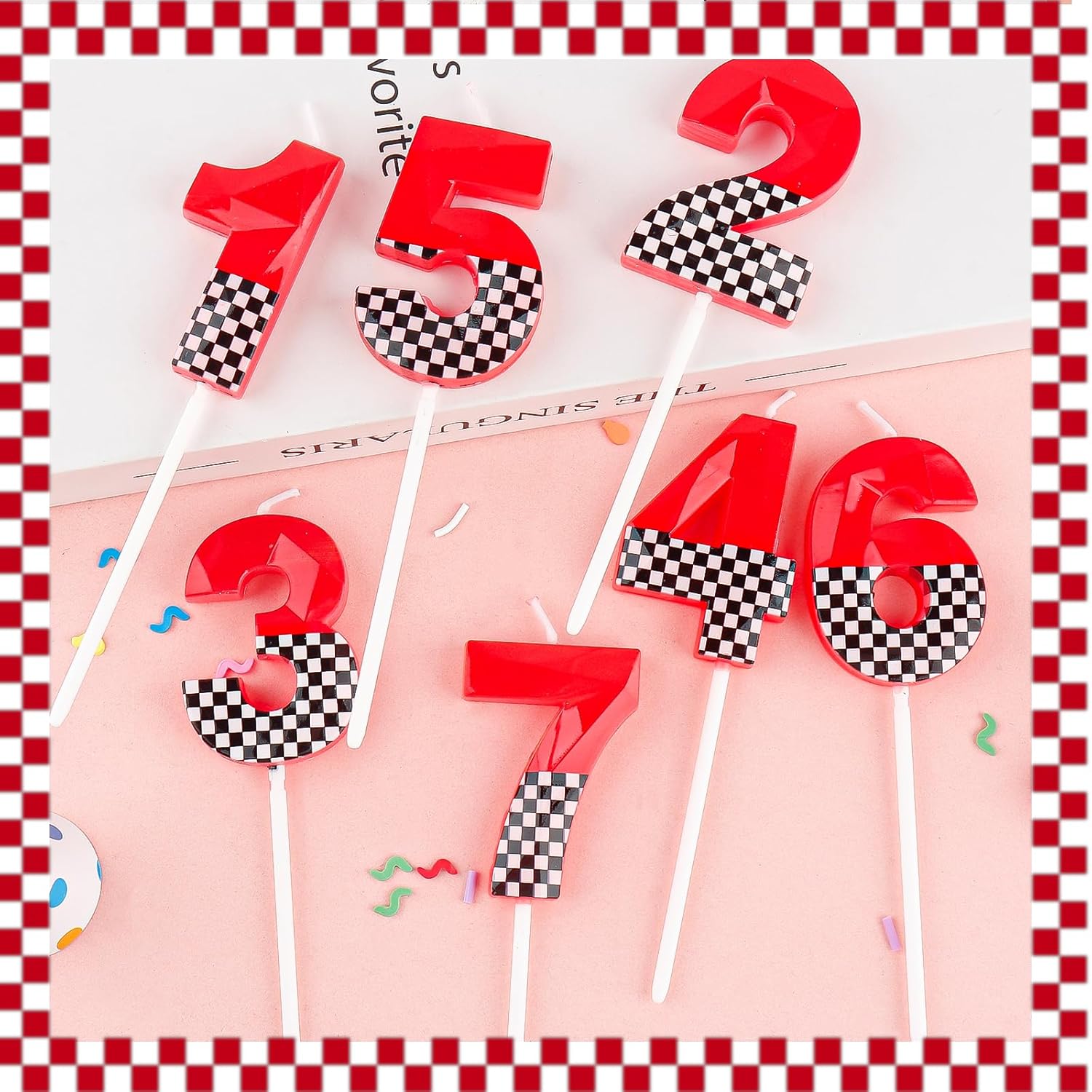 Thumbnail 4 de Hongplus 3D Racing Cars themed birthday candles (includes number 2 candle) – black, white checkered & red cake topper