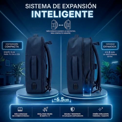 Detalle de EDIESI Mochila de Cabina 40x30x20 cm: Expandible, impermeable y con puerto USB para portátil 15,6” — Azul Marino