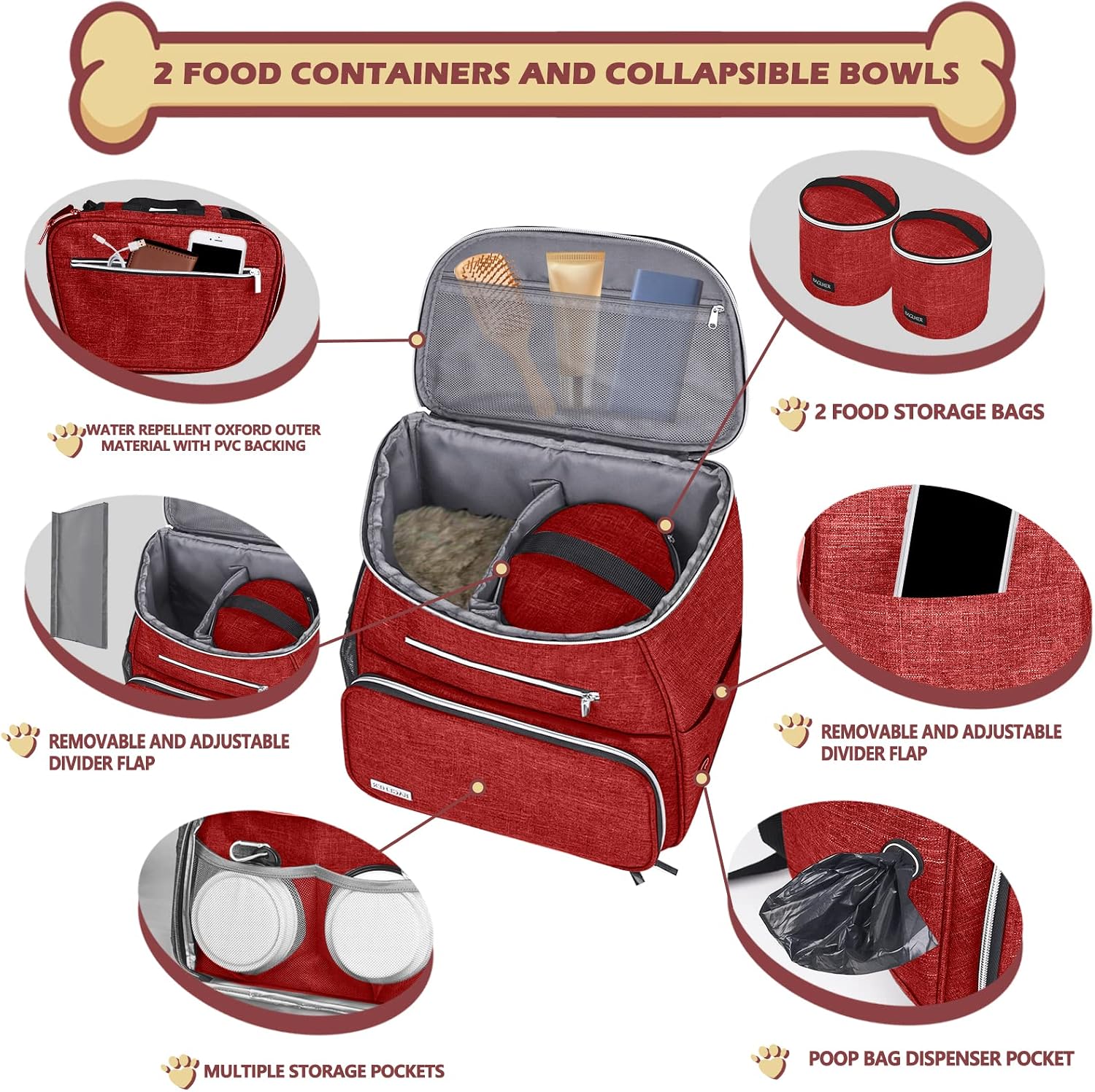 Detalle 2 de BAGLHER Dog Travel Bag Backpack – Airline Approved with 2 Collapsible Bowls & 2 Food Baskets (Red)