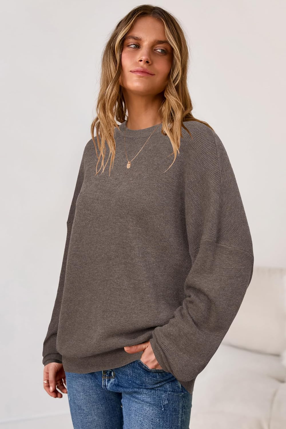 Detalle 2 de Arach&Cloz Women's Wool-Blend Oversized Sweater, Crewneck, Long Sleeve