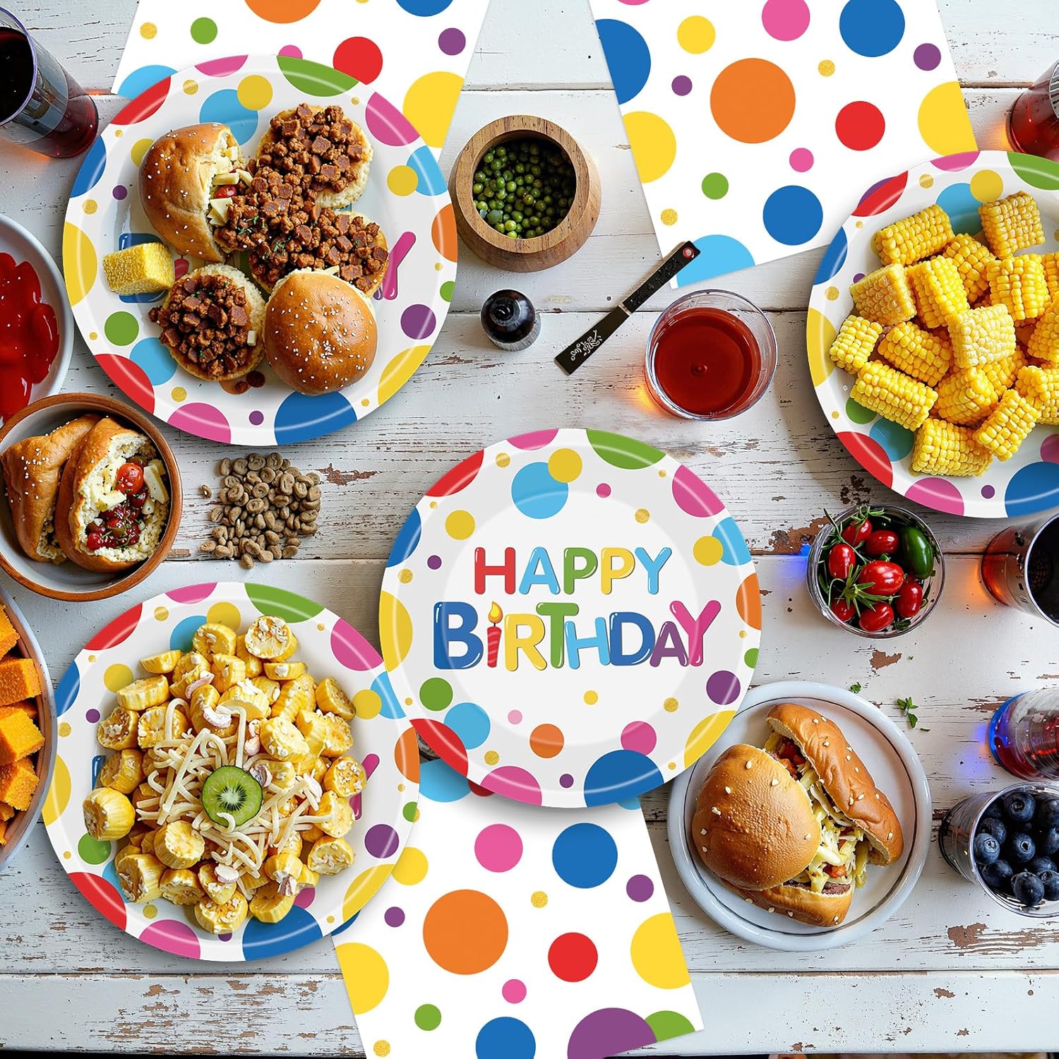 Thumbnail 1 de 40 Pcs Happy Birthday Paper Plates and Napkins Sets — Polka Dots Party Tableware for 20