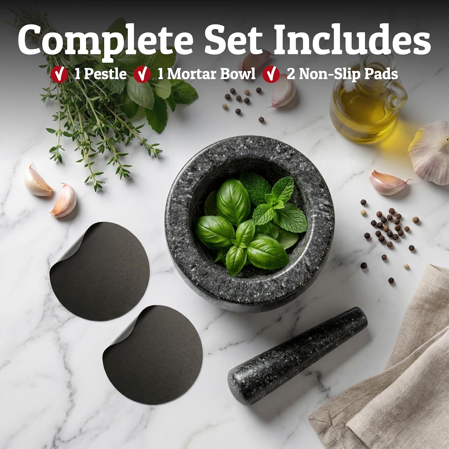 Thumbnail 4 de PriorityChef Heavy Duty Large 2-Cup Granite Mortar and Pestle Set (Black) with Non Slip Base