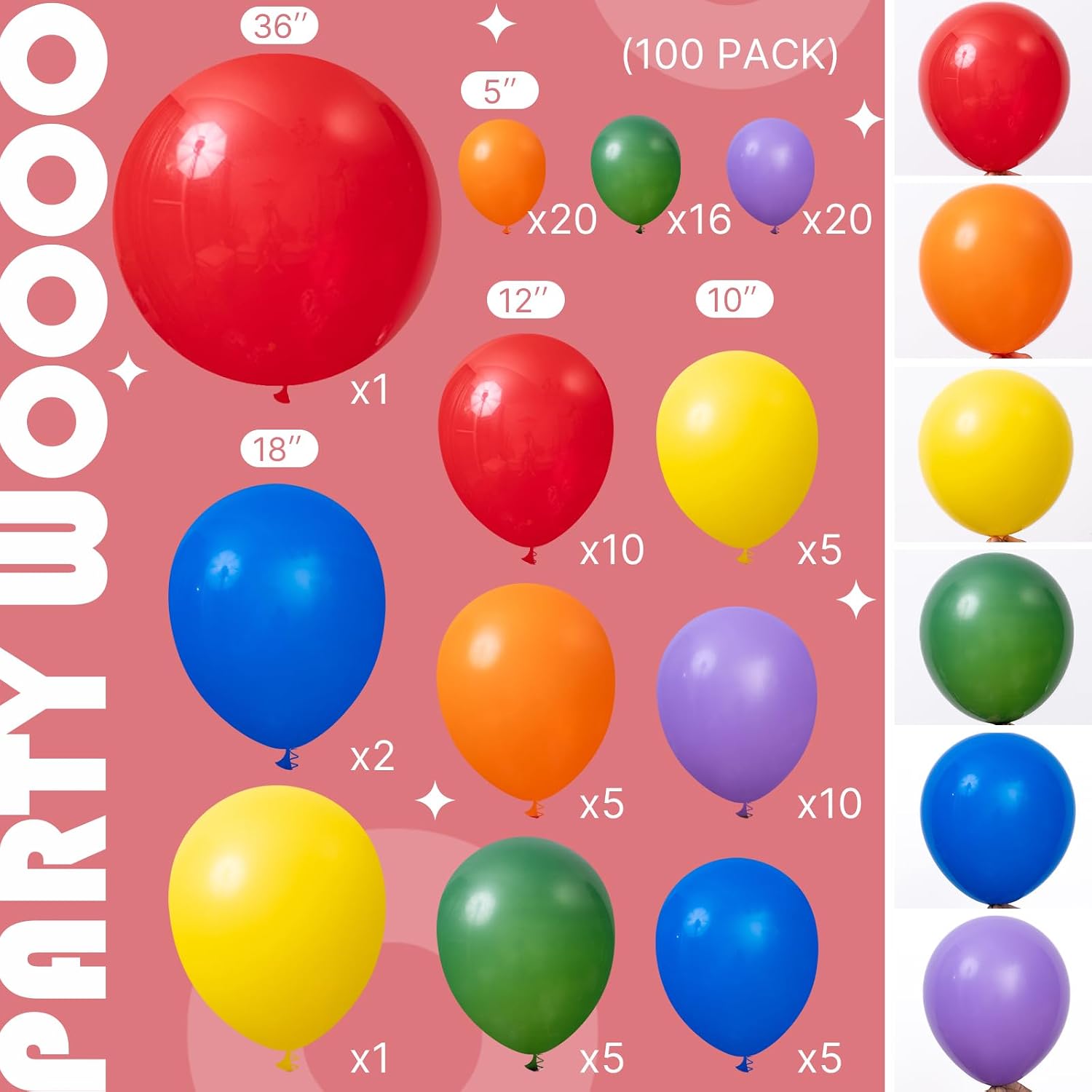 Detalle 2 de PartyWoo Rainbow Balloon Arch Kit 100 pcs ๐