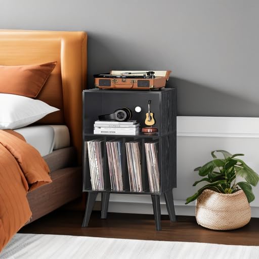 Detalle 2 de Lerliuo Record Player Stand, Black – Mid-Century Vinyl Storage with Solid Wood Legs (Holds 160 Albums)