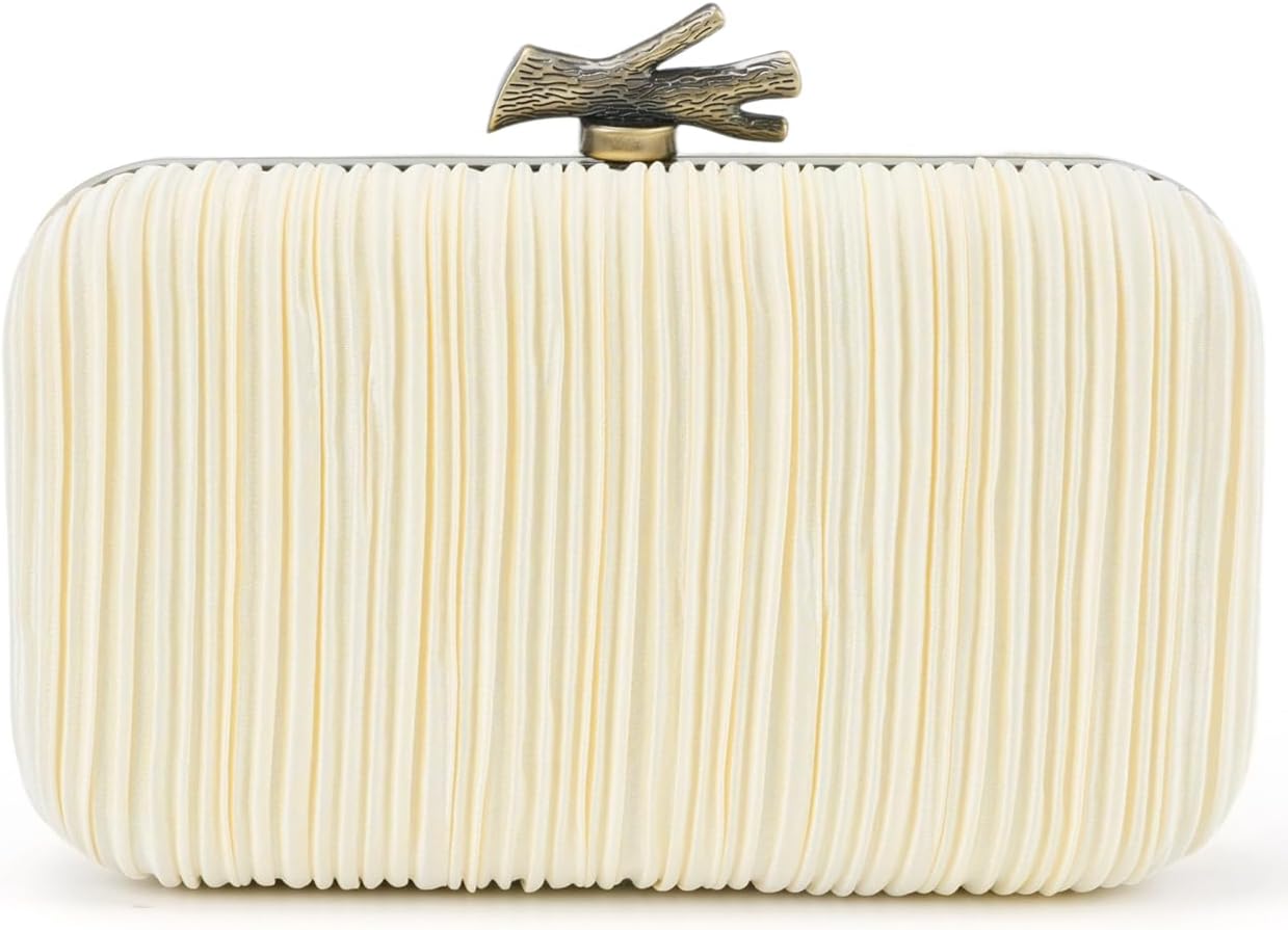Detalle de Milisente clutch bag for women with top handle, pleated satin finish and antique brushed gold clasp