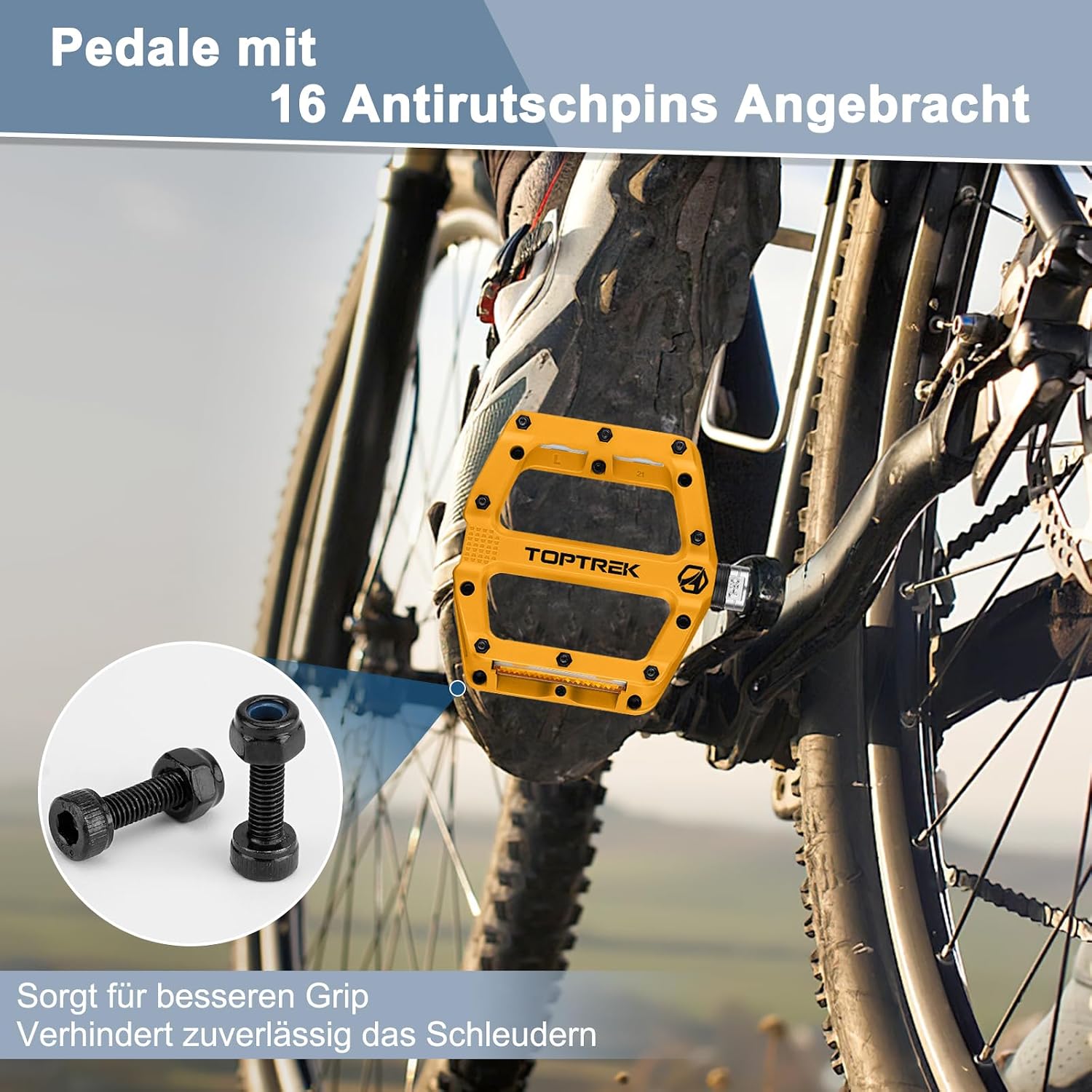 Detalle de toptrek Fahrradpedale mit StVZO Reflektoren (Nylon-Composite Flatpedale) – 9/16 Zoll, 3-Lager-Set mit rutschfesten Pins