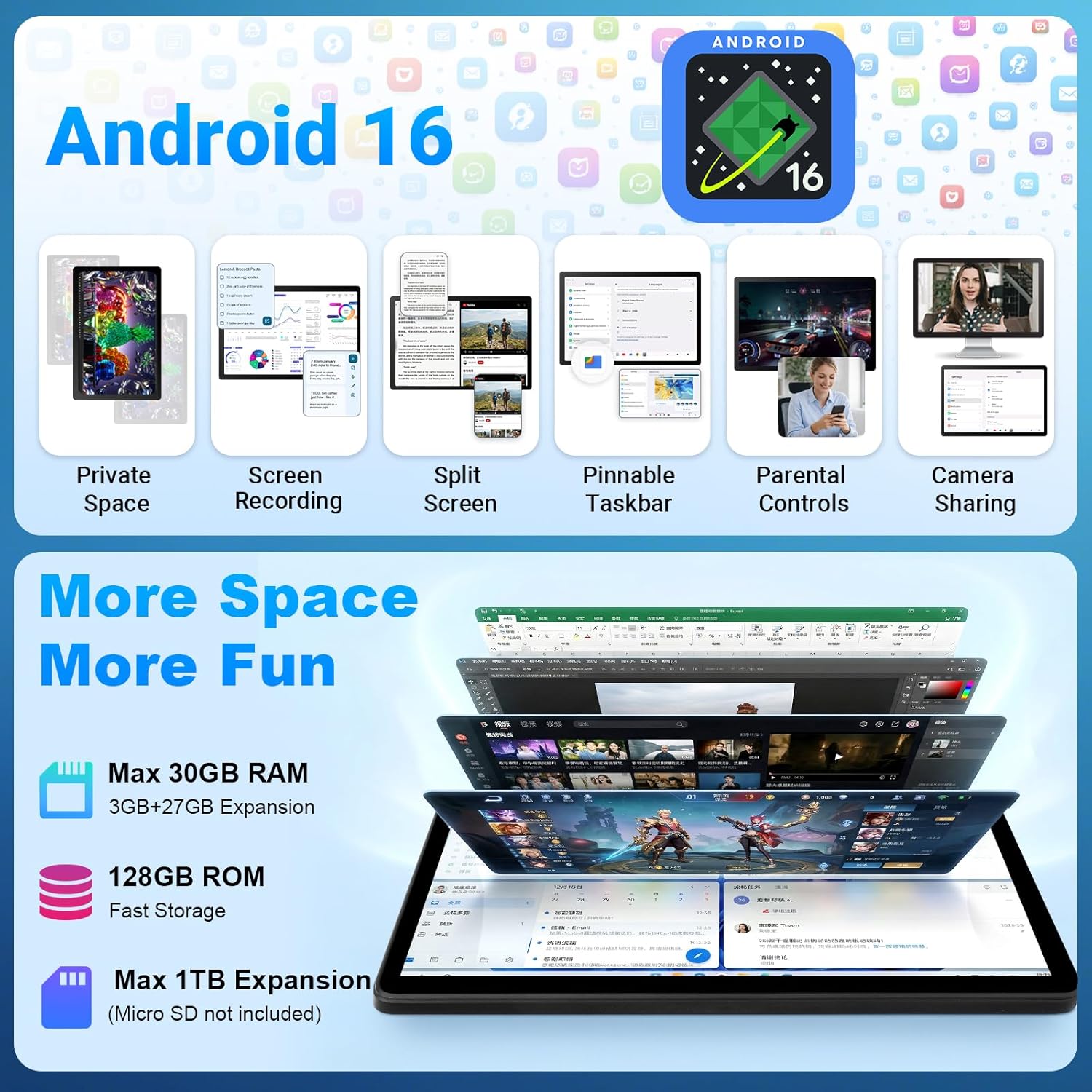 Detalle de MUISOO Android 16 Tablet with 11-inch display and 2-in-1 bundle