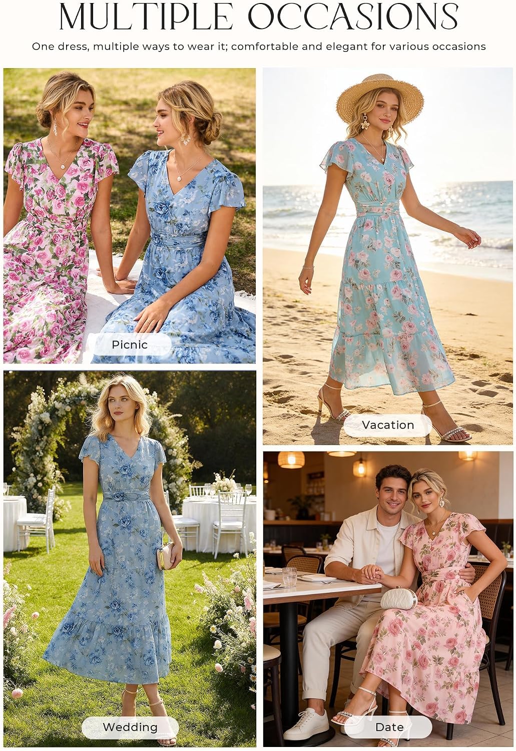 Detalle de GRACE KARIN Damen Rüschenärmel V-Ausschnitt Midikleid – A-Linie mit Blume und Taschen