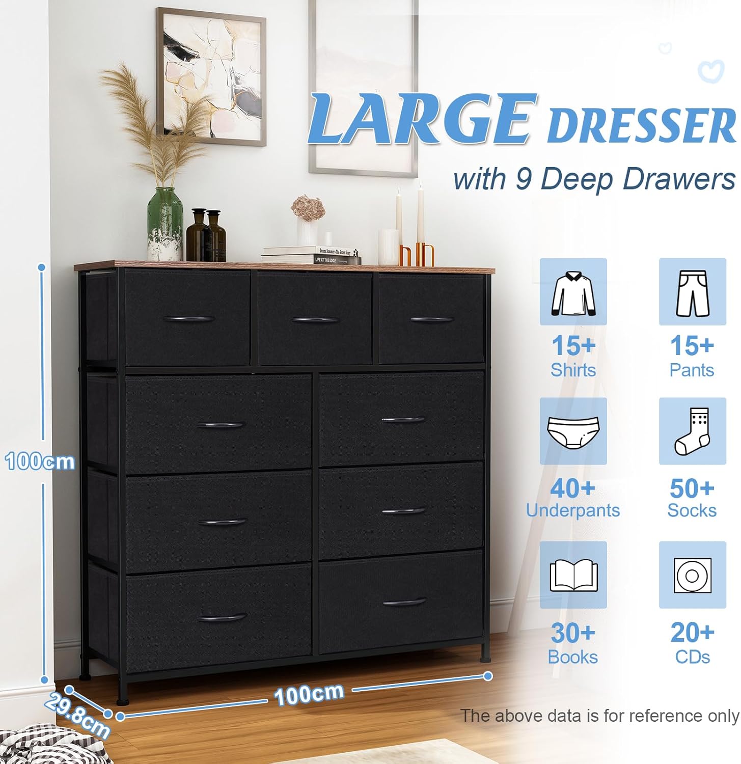 Detalle de LYNCOHOME 9 Drawer Fabric Chest of Drawers with Wood Top (Beige) – 100cm x 29.8cm x 100cm