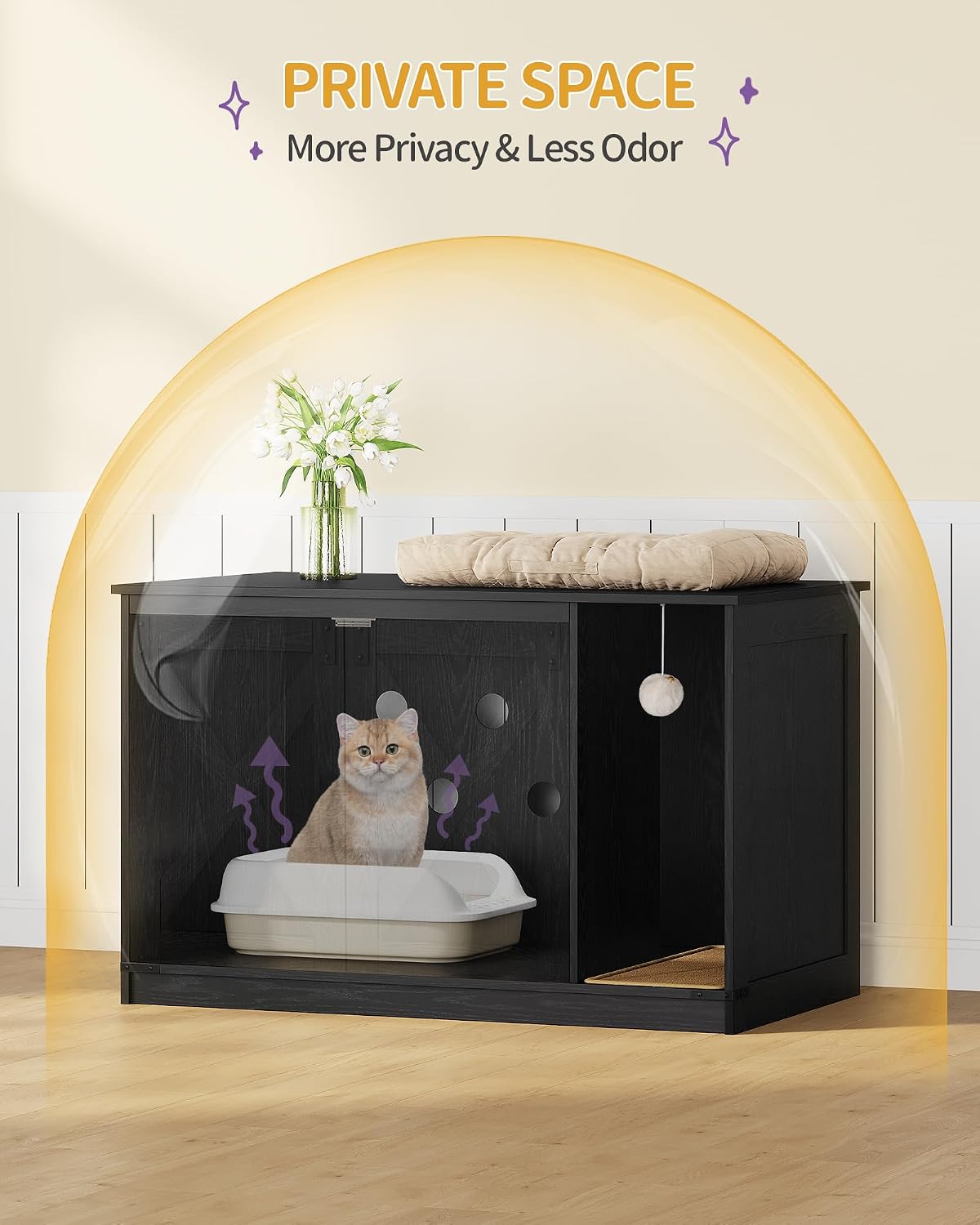 Detalle 1 de Hzuaneri CB85204X Cat Litter Box Enclosure, Black Farmhouse Cabinet