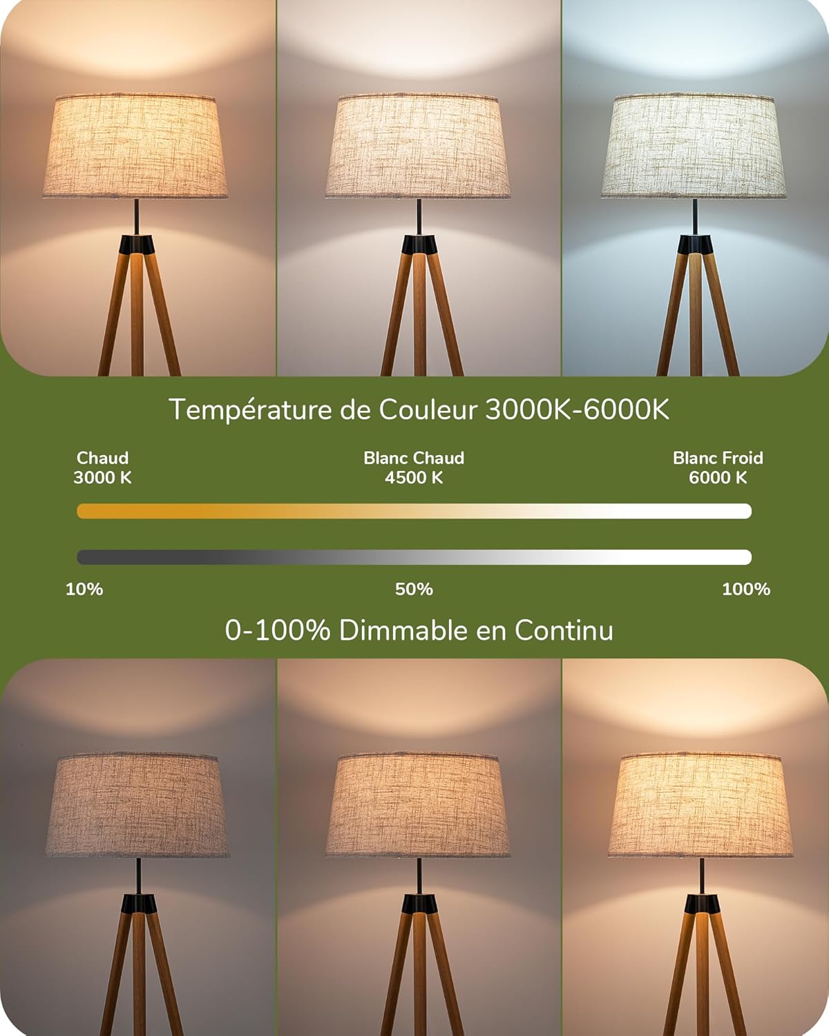 Thumbnail 2 de EDISHINE Lampadaire Trépied en Bois avec ambiances lumineuses réglables
