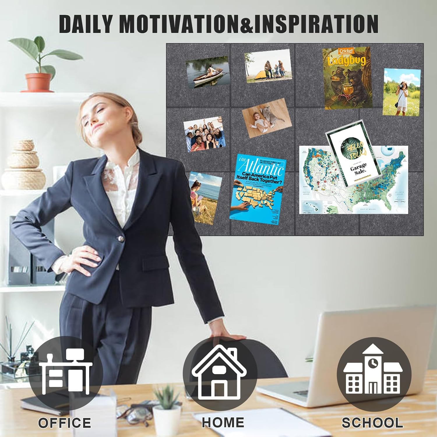 Thumbnail 3 de Cork Board Alternative felt wall pin board tiles, 90 x 60 cm (6 pack) – dark gray, with 20 pushpins