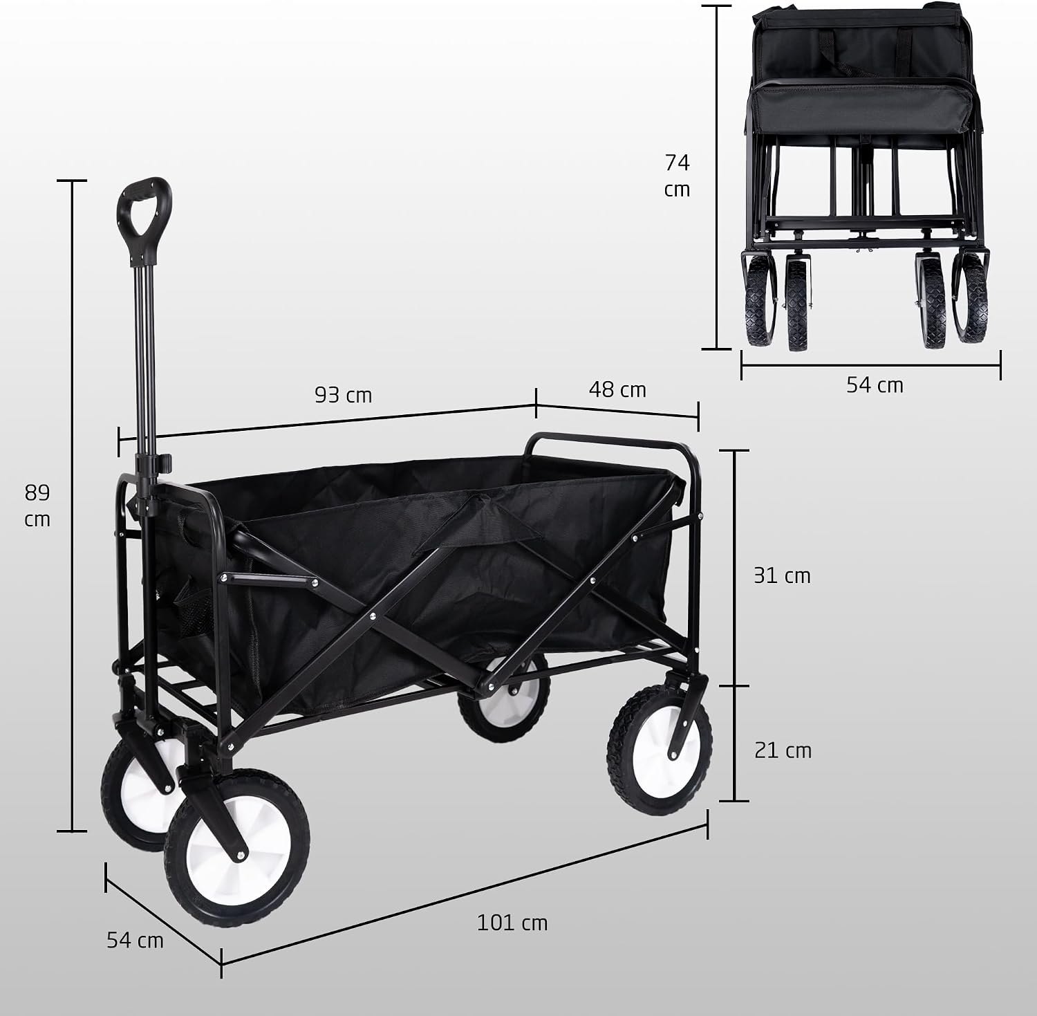 Detalle 2 de Amig Carrello da Giardino Pieghevole in Tessuto Oxford Impermeabile con Ruote da 20 cm – Nero