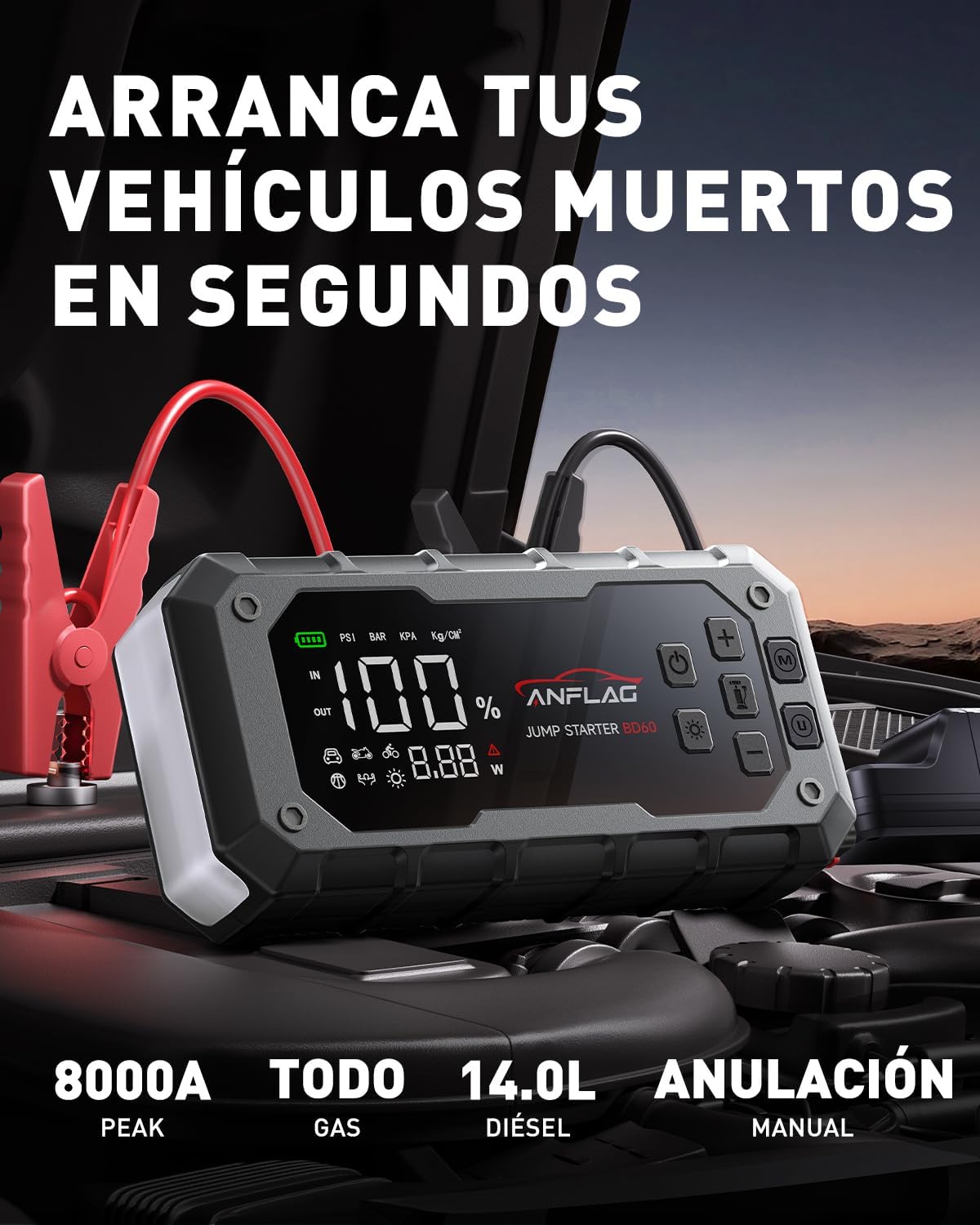 Detalle 2 de ANFLAG 8000A Arrancador 26800mAh 160PSI