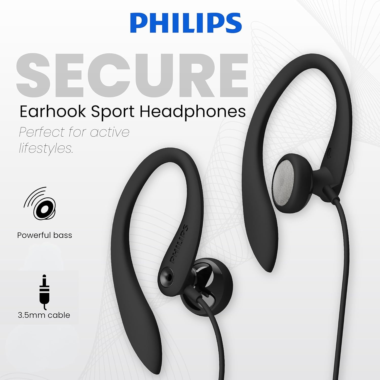 Detalle de Philips SHS3200BK Flexible Earhook Headphones, Black