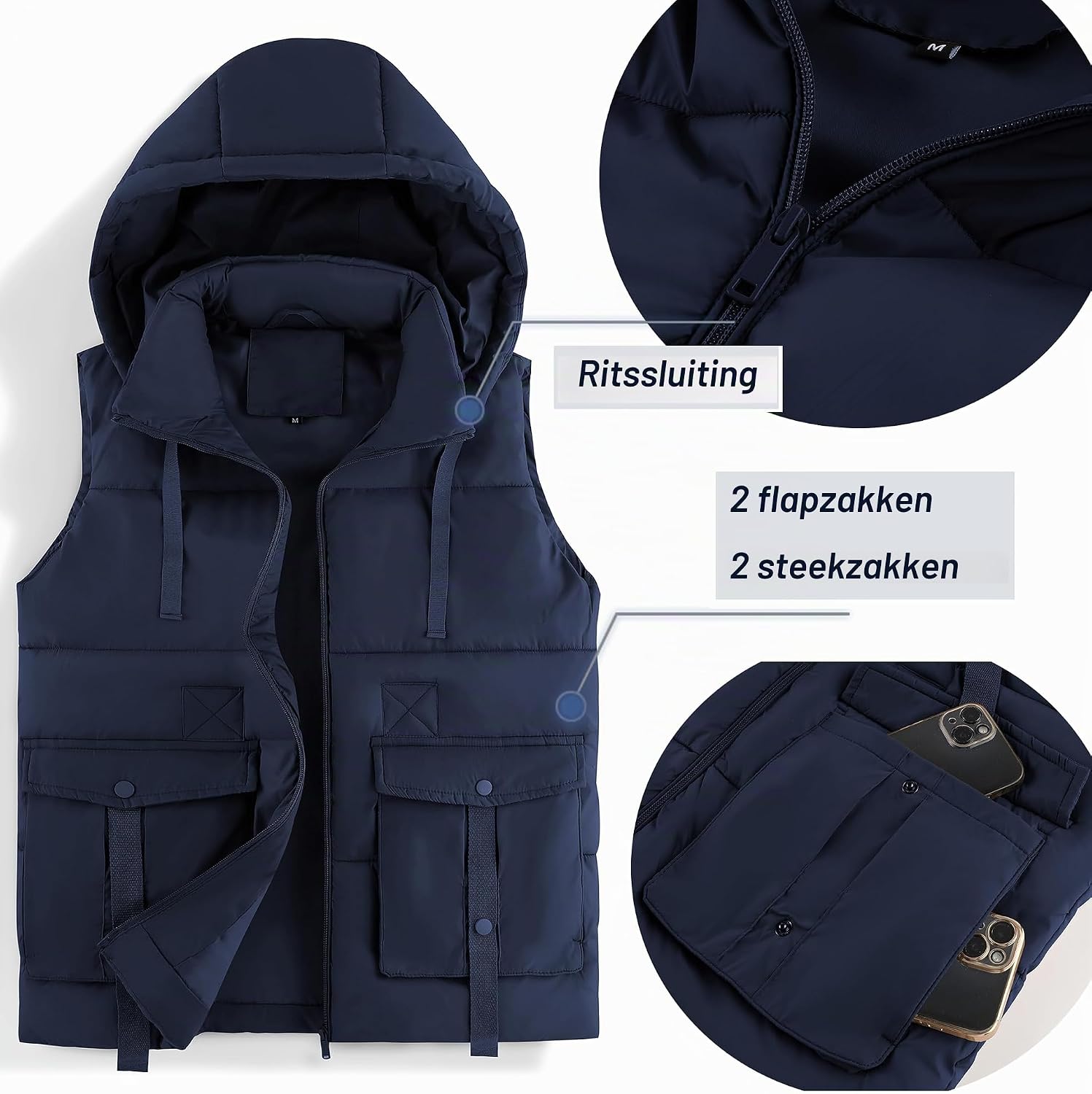Detalle 2 de ZITY gewatteerde bodywarmer voor heren met capuchon en zakken