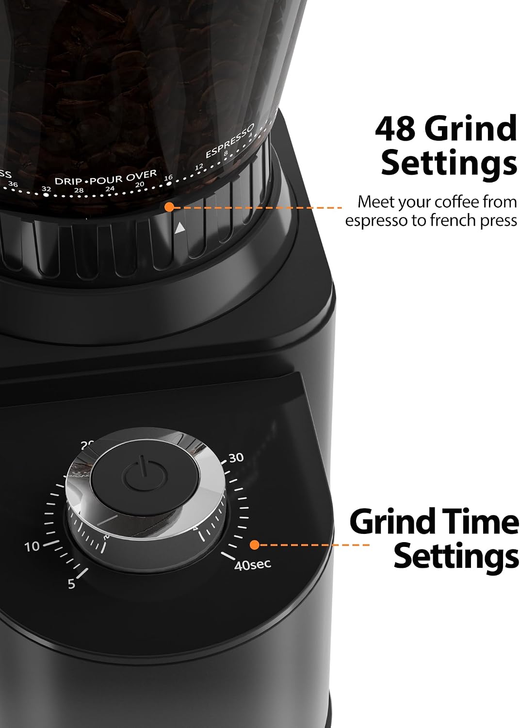 Detalle de Aromaster Burr Coffee Bean Grinder, 48 Settings, Anti-Static, Stainless Steel
