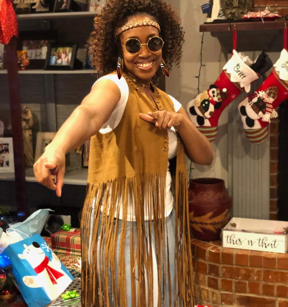 Detalle 2 de EVISWIY Brown Fringe Hippie Vest Costume Set with Faux Suede and Accessories