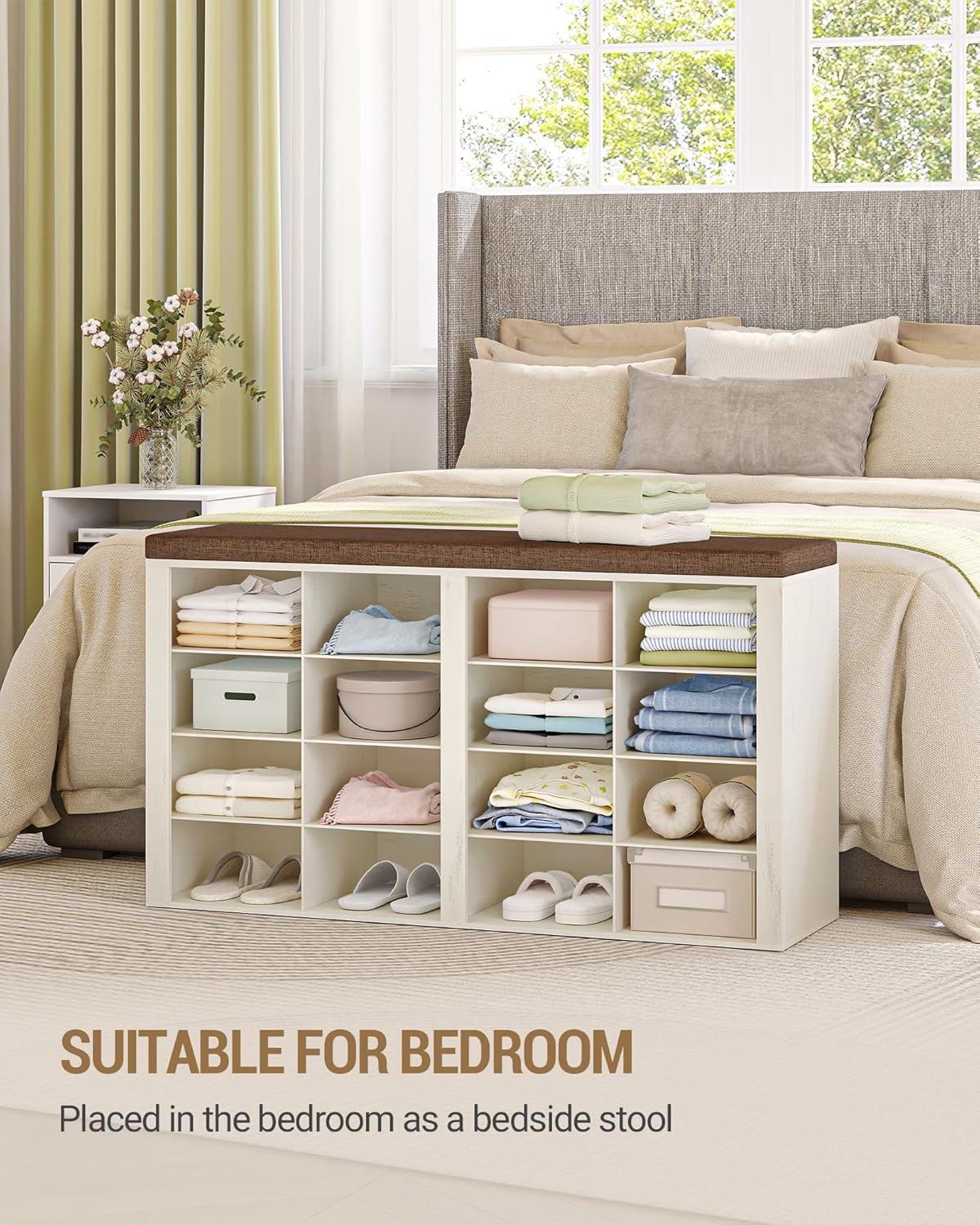 Detalle de Hzuaneri banc à chaussures blanc SB25614KA avec siège et rangement (16 compartiments, coussin)