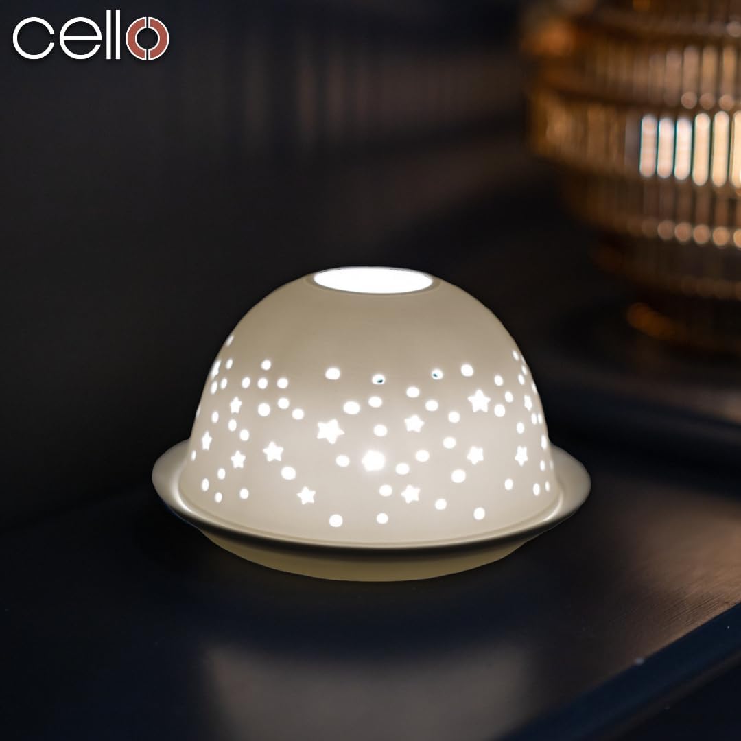 Thumbnail 2 de Cello photophore en porcelaine de lithophane motif étoilé (dôme et base pour bougie chauffe-plat ou LED)
