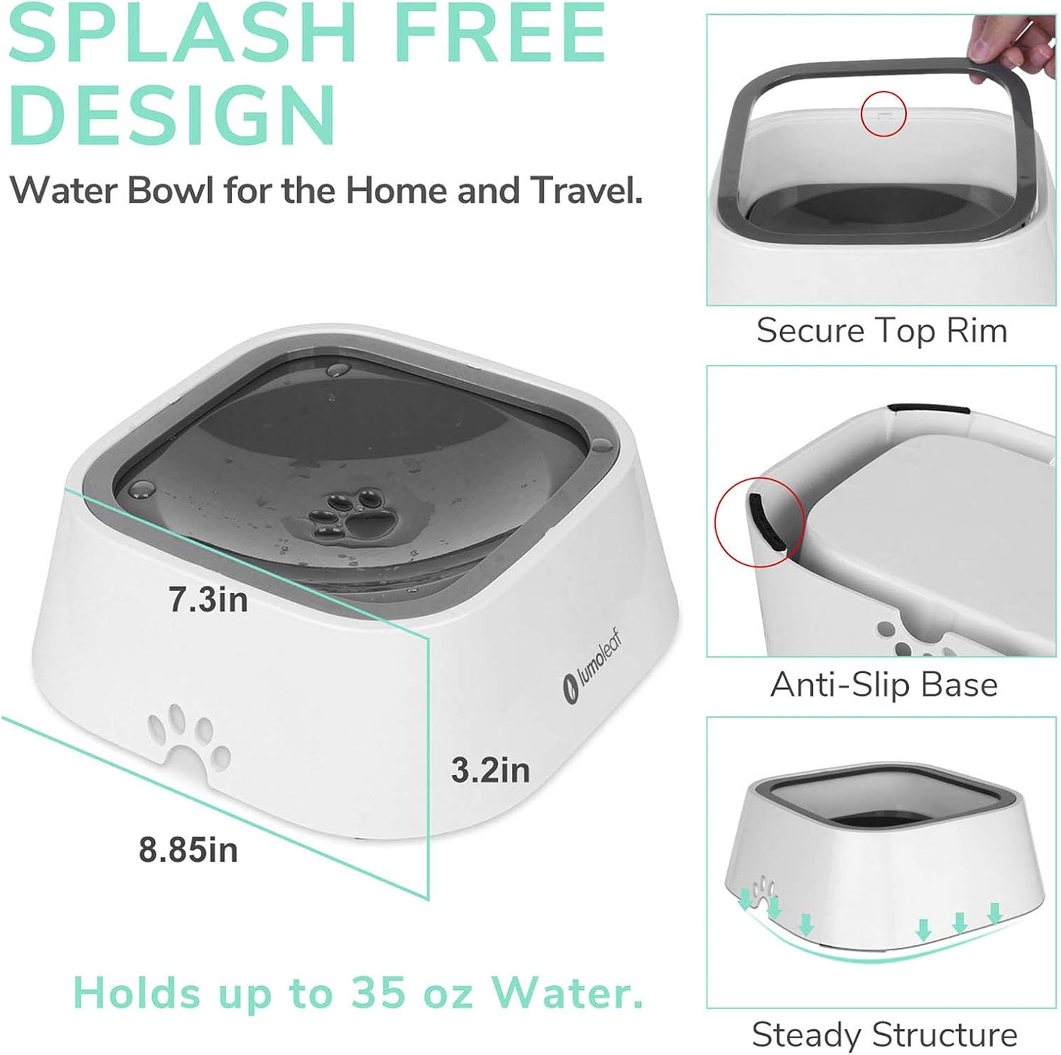 Detalle 2 de LumoLeaf No Spill Water Bowl for Dogs (Slow Feeder, Drip-Free & Splash-Proof) – 1L Grey