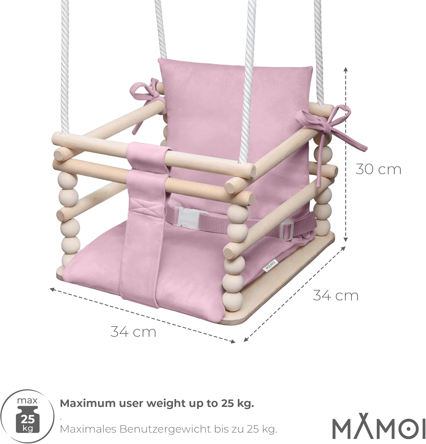 Detalle de MAMOI 3-in-1 Kinderschaukel mit Sicherheitsgurt – höhenverstellbar, Indoor‑Montage, stabile Konstruktion