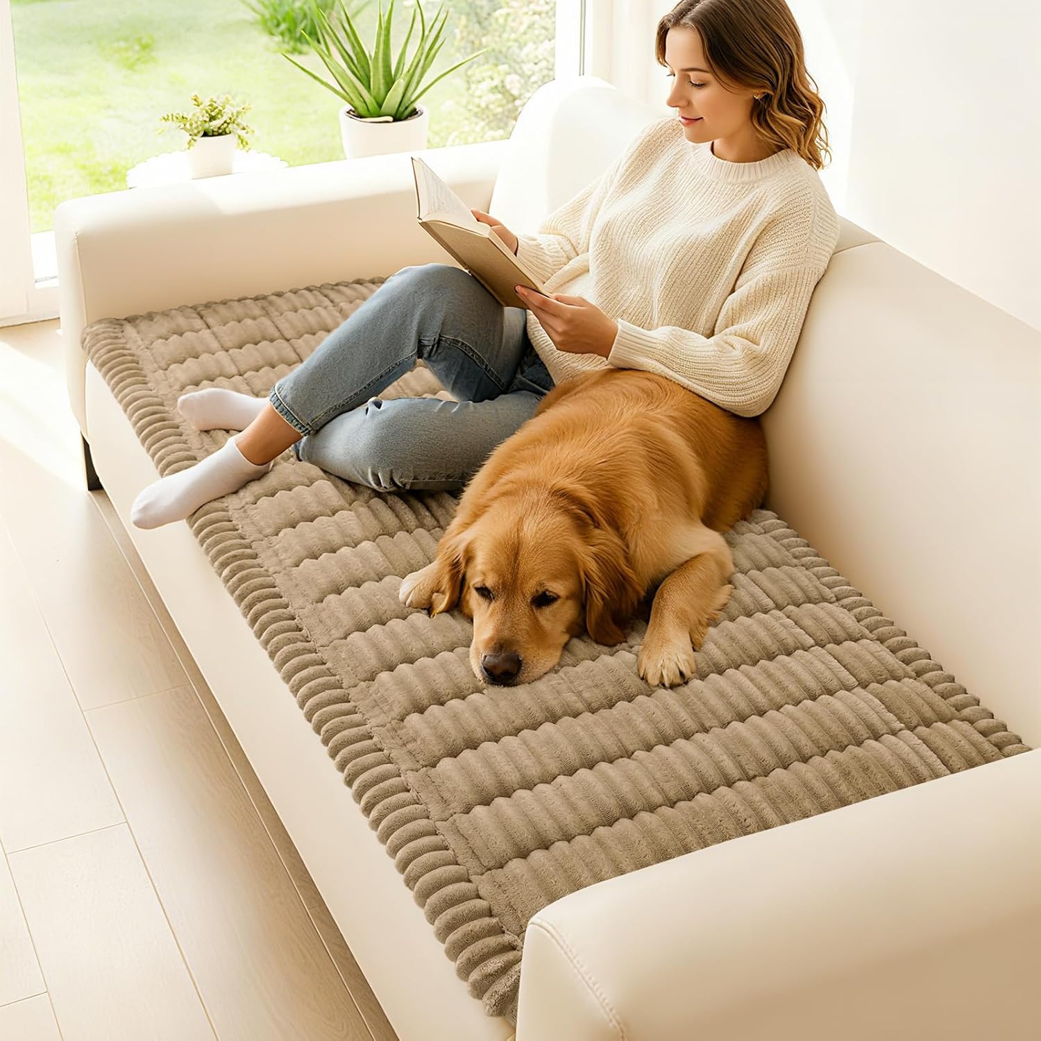 Detalle de Hyha Washable Non-Slip Plush Couch Covers for Dogs (Khaki, 27.6" x 70.9")