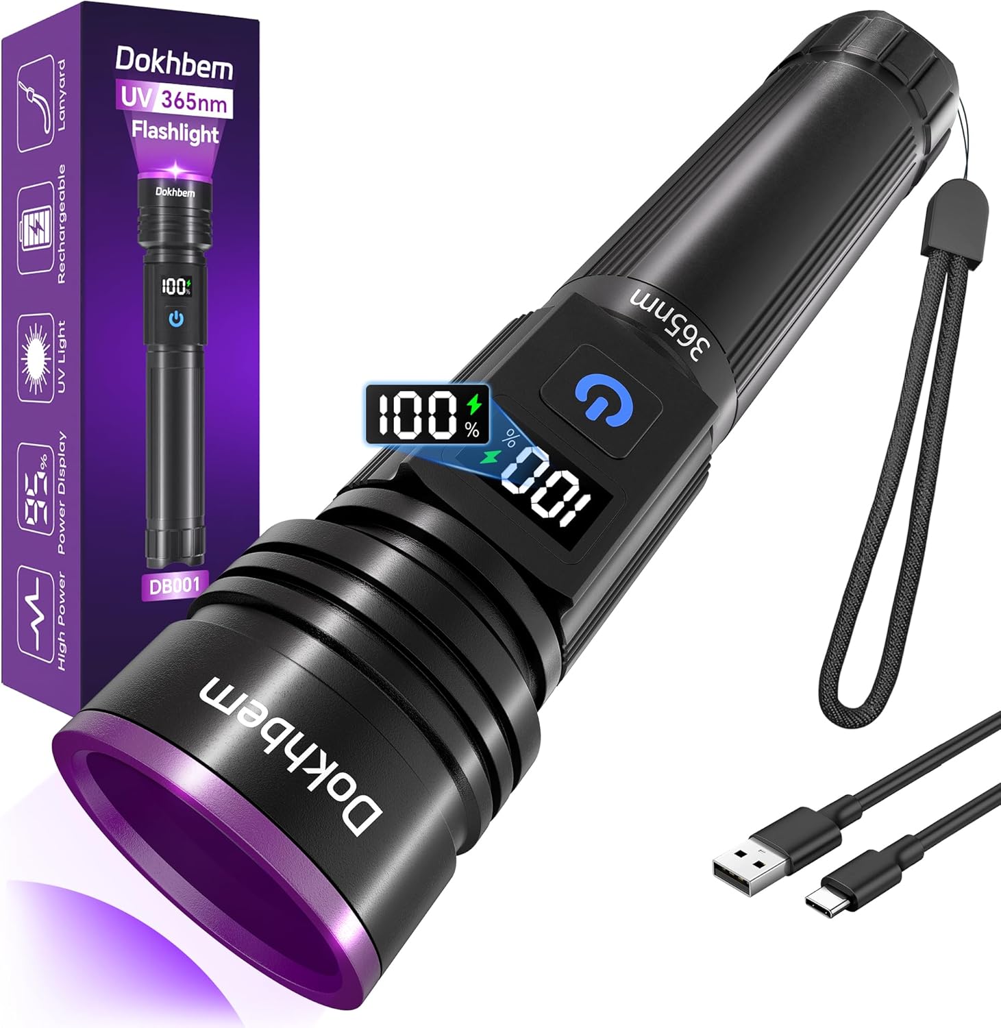 Detalle de Dokhbem 365nm Rechargeable UV Flashlight with LCD Display for Pet Urine Detection & Resin Curing (Black Light, Black)