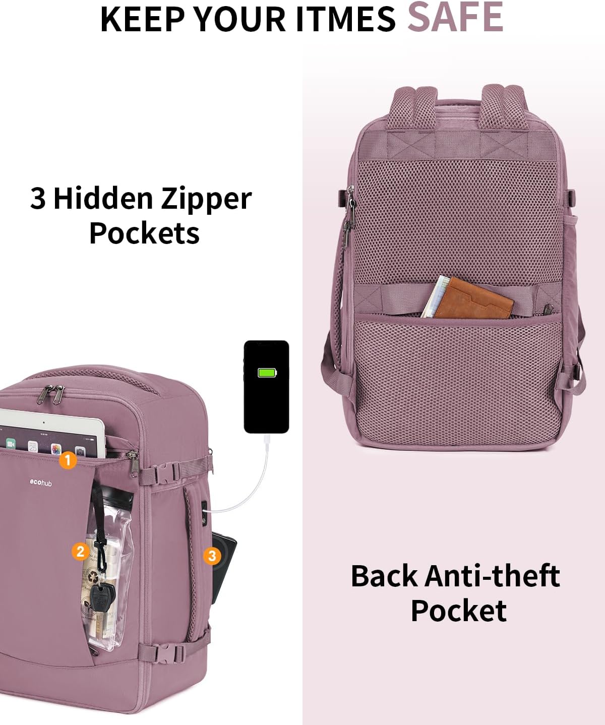 Detalle 1 de ECOHUB 30L Handgepäck Rucksack – Diebstahlsicher, leicht und recycelbar
