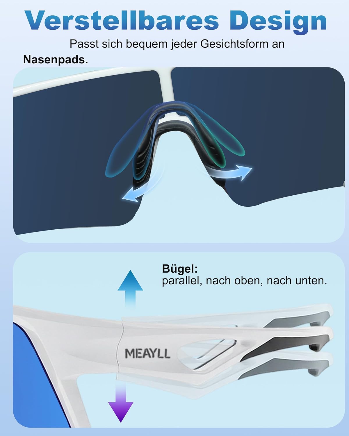 Detalle de Meayll Fahrradbrille Herren Damen – UV400 Schutz, TR90 Rahmen, verstellbare Nasenpads