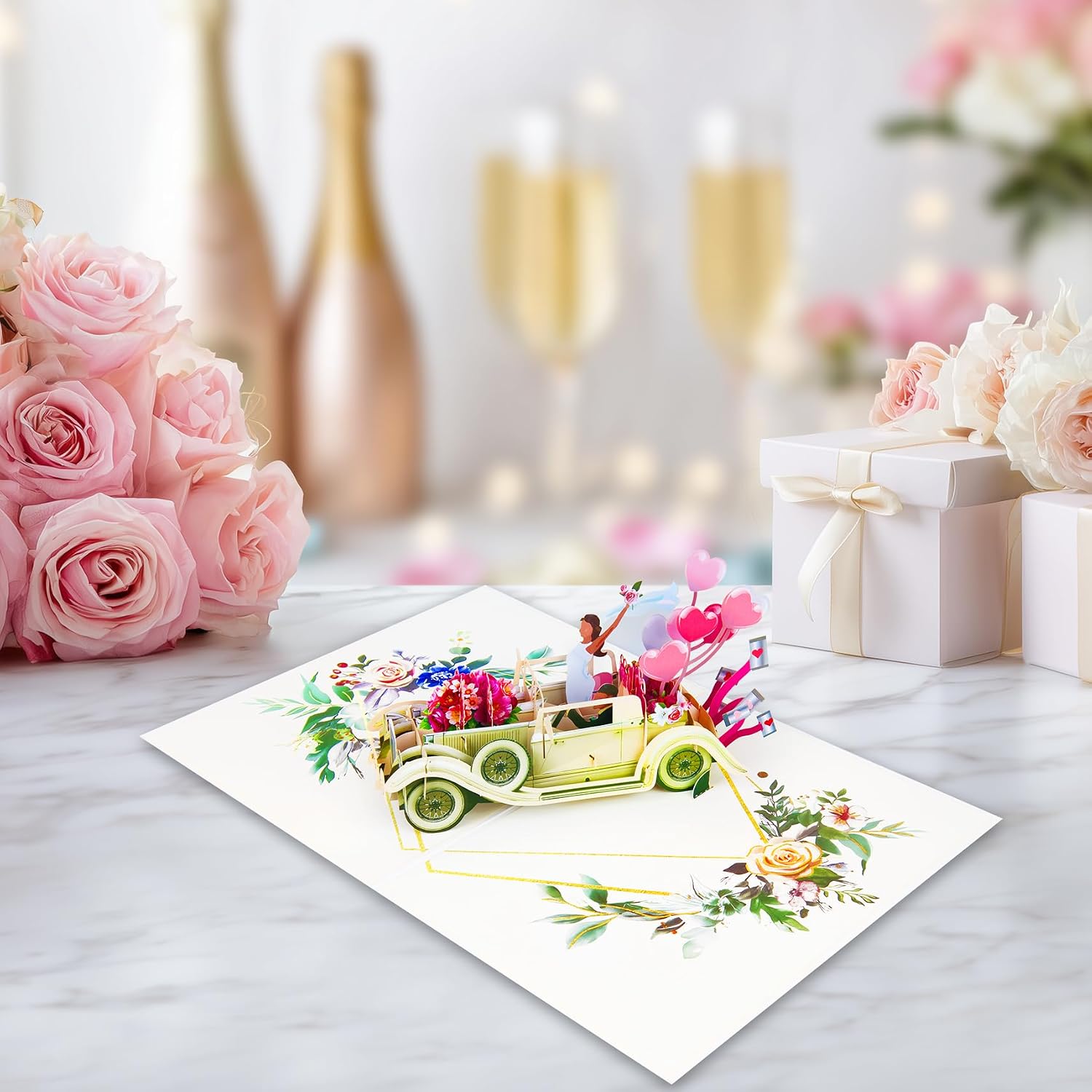 Thumbnail 1 de GREETING ART Pop Up Hochzeitskarte – 3D Hochzeitsauto, Just Married, inkl. Geldgeschenk-Gutschein