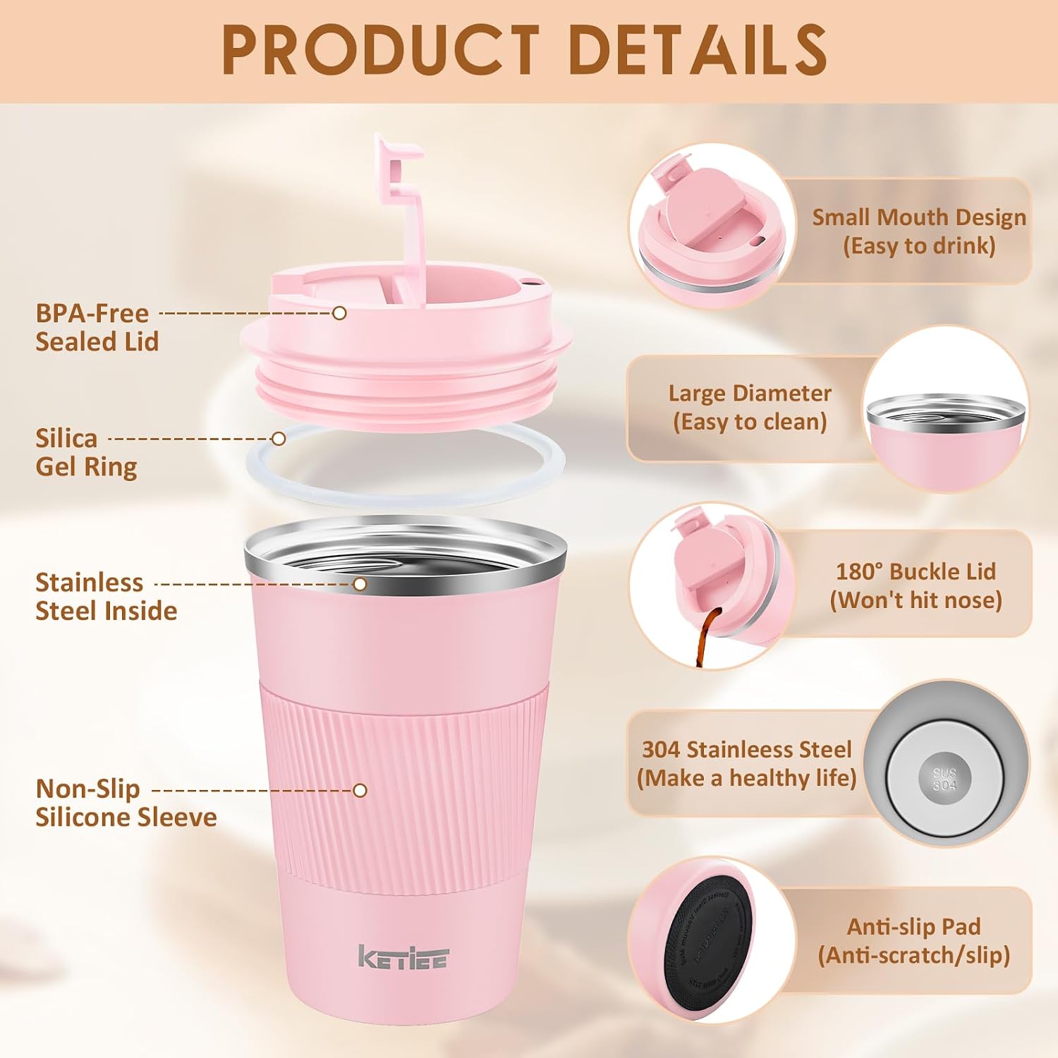 Detalle de KETIEE Travel Mug Insulated 380ml Stainless Steel with Leakproof Lid (Pink)