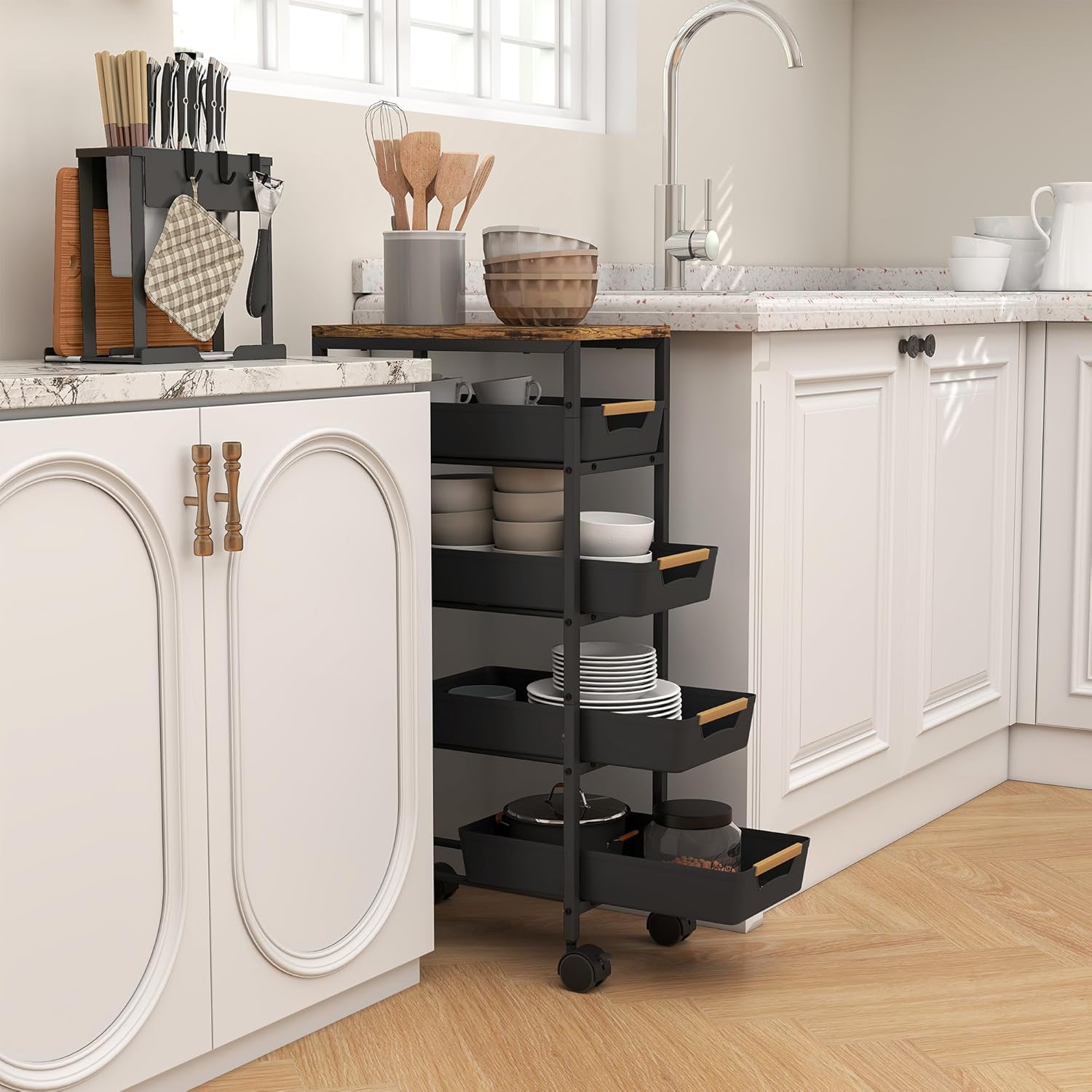 Detalle de HOMCOM Desserte Cuisine 5 Niveaux – Chariot de Service à roulettes, 4 tiroirs, étagère de Rangement, noir