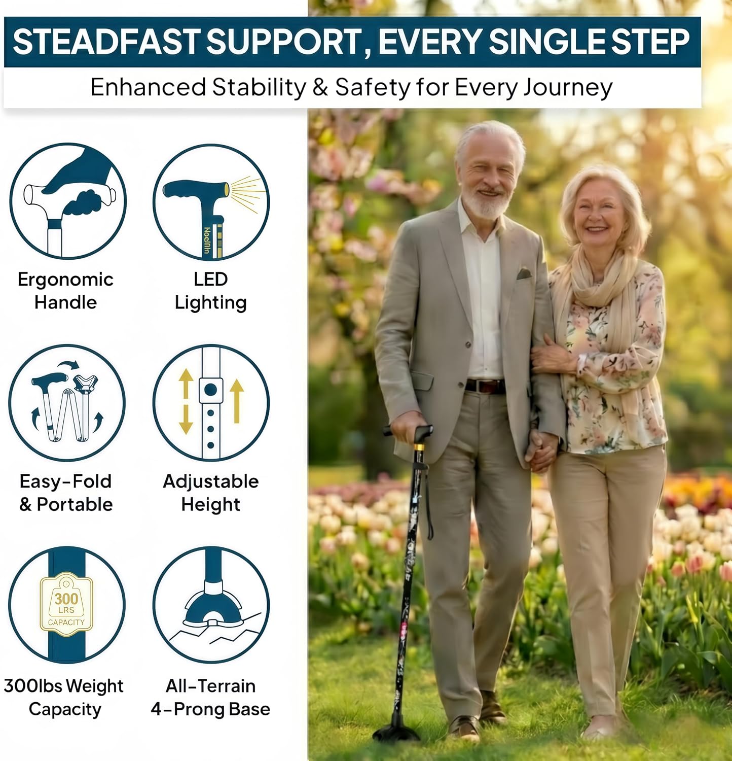 Detalle 2 de Hedkin Folding Walking Cane with LED Light, Adjustable Height, Quad Base