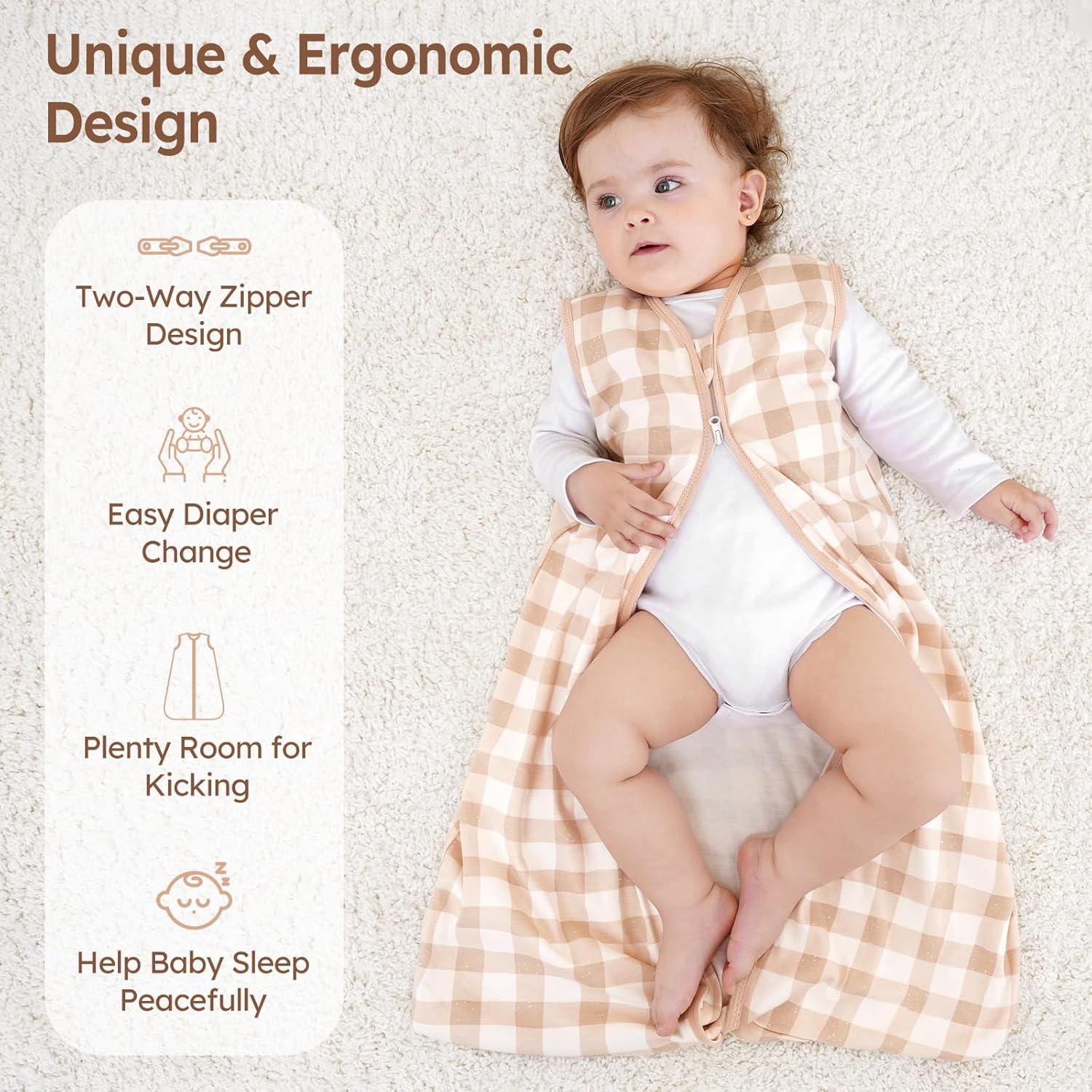 Detalle 2 de Unnivoll Baby Sommerschlafsack 0.5 Tog – 3er Pack, 67 cm, 100% Baumwolle, braunes Karo mit Blumenmuster