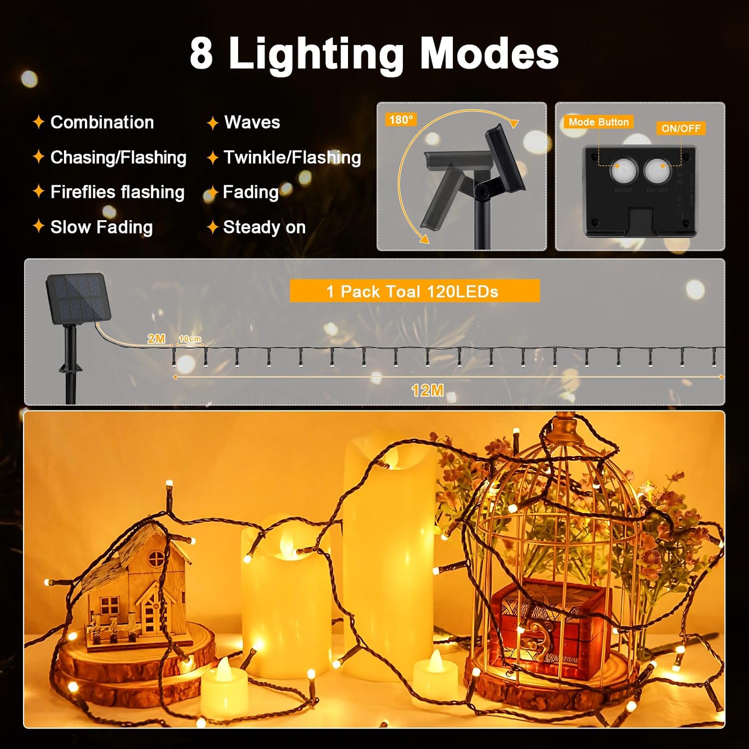 Detalle de Gcstnn Solar String Lights Outdoor, 12M 120 LED – Warm White, 8 Modes, IP65